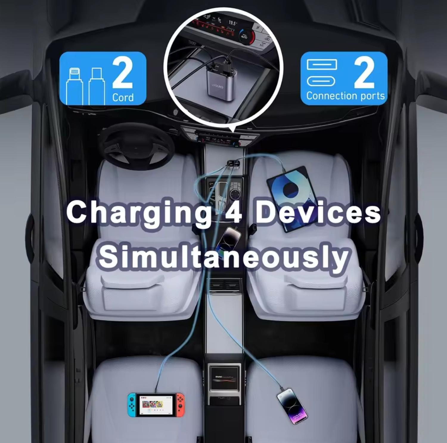 Cargador Auto USB 4 En 1 Con Cables Retractil-3