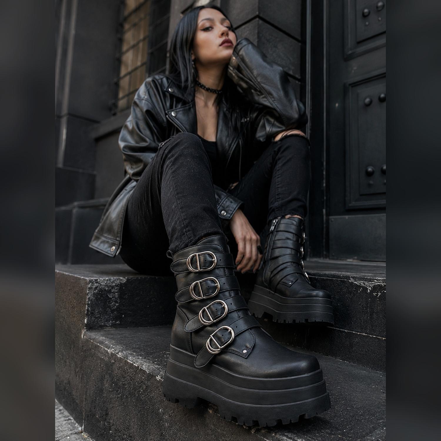 Bota Negro Mujer Gótica Punk Rock PU 2621-3