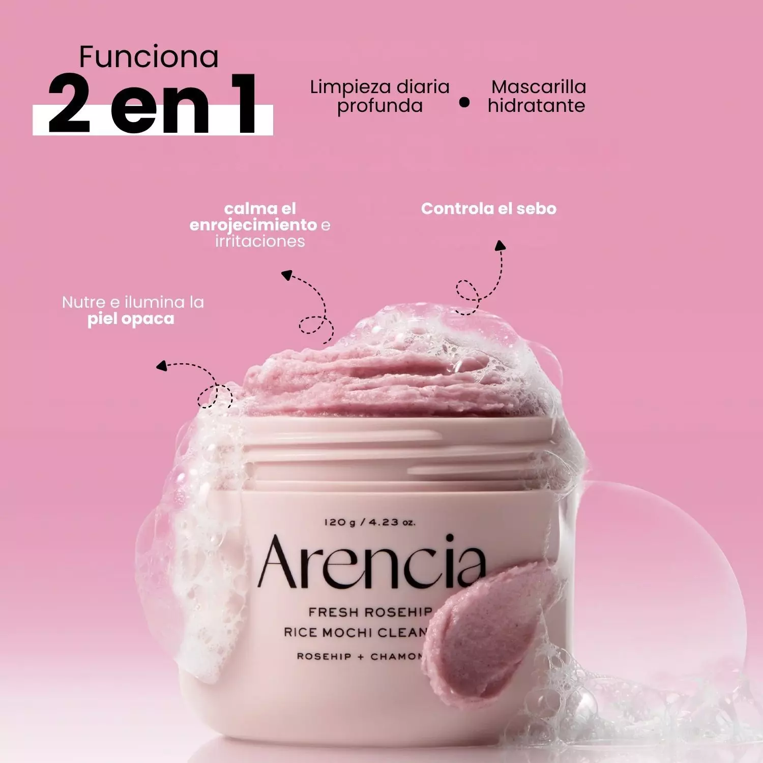 Limpiador facial textura Mochi Coreano de Rosa mosqueta y arroz marca ARENCIA 120g-3
