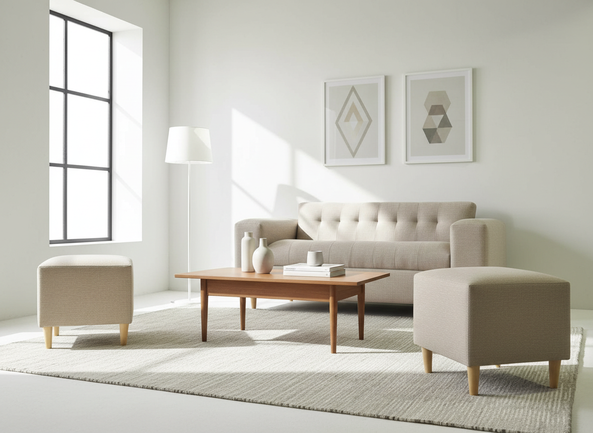 SOFA DOS CUERPOS MAS DOS PUFF PATAS CONICAS BEIGE LINO-3