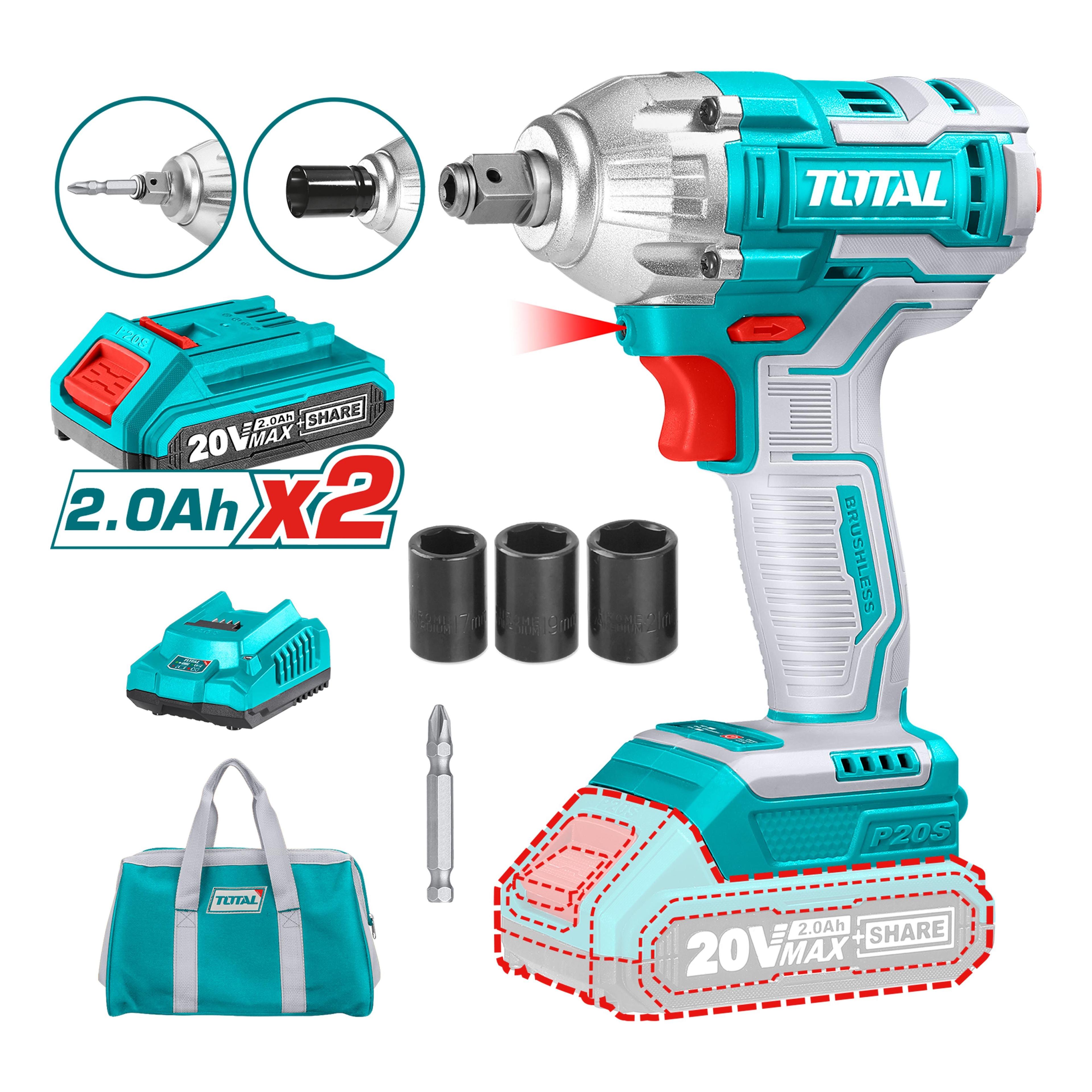 Taladro Pistola Llave de Impacto y Atornillador 20V con 2 Baterías Total-0