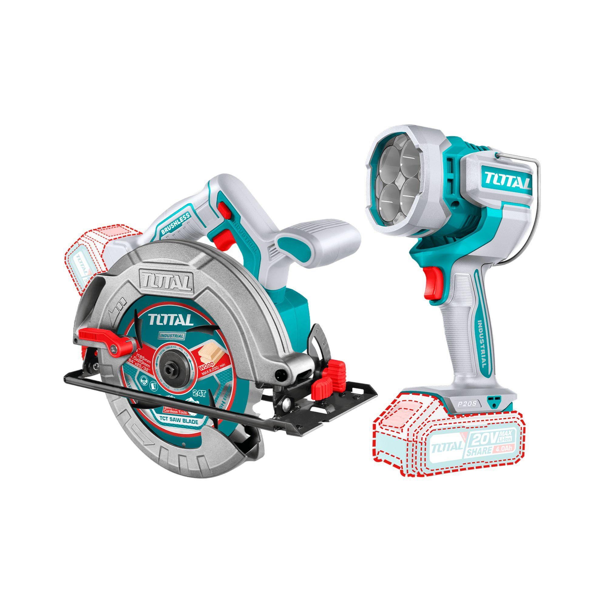 Kit 20V Inalámbrico Taladro, Atornillador, Sierra Circular, Linterna, Baterías y Cargador Total-2