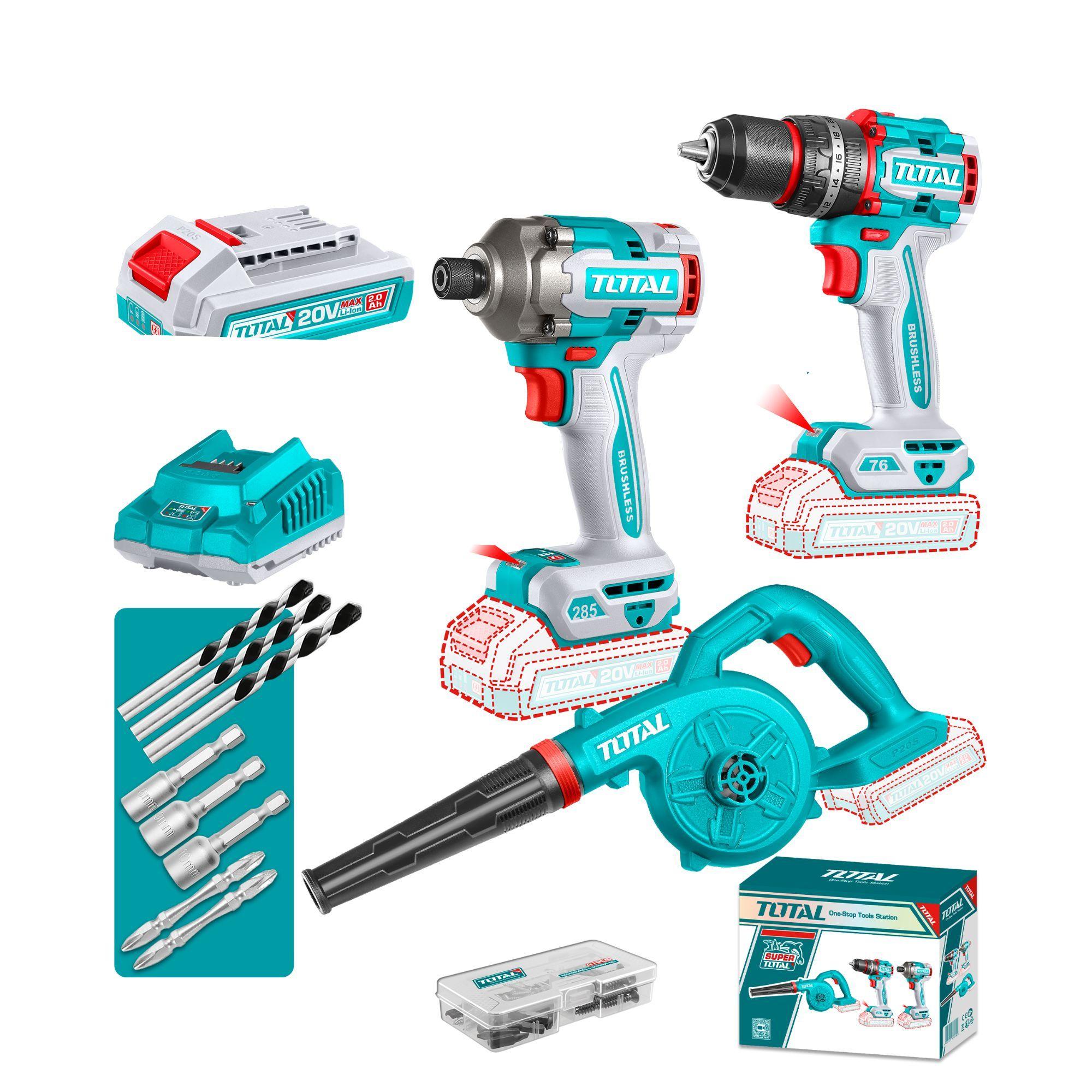 Kit 20V Inalámbrico Taladro Impacto, Atornillador Impacto, Soplador, Batería 2.0Ah y Cargador Total-0