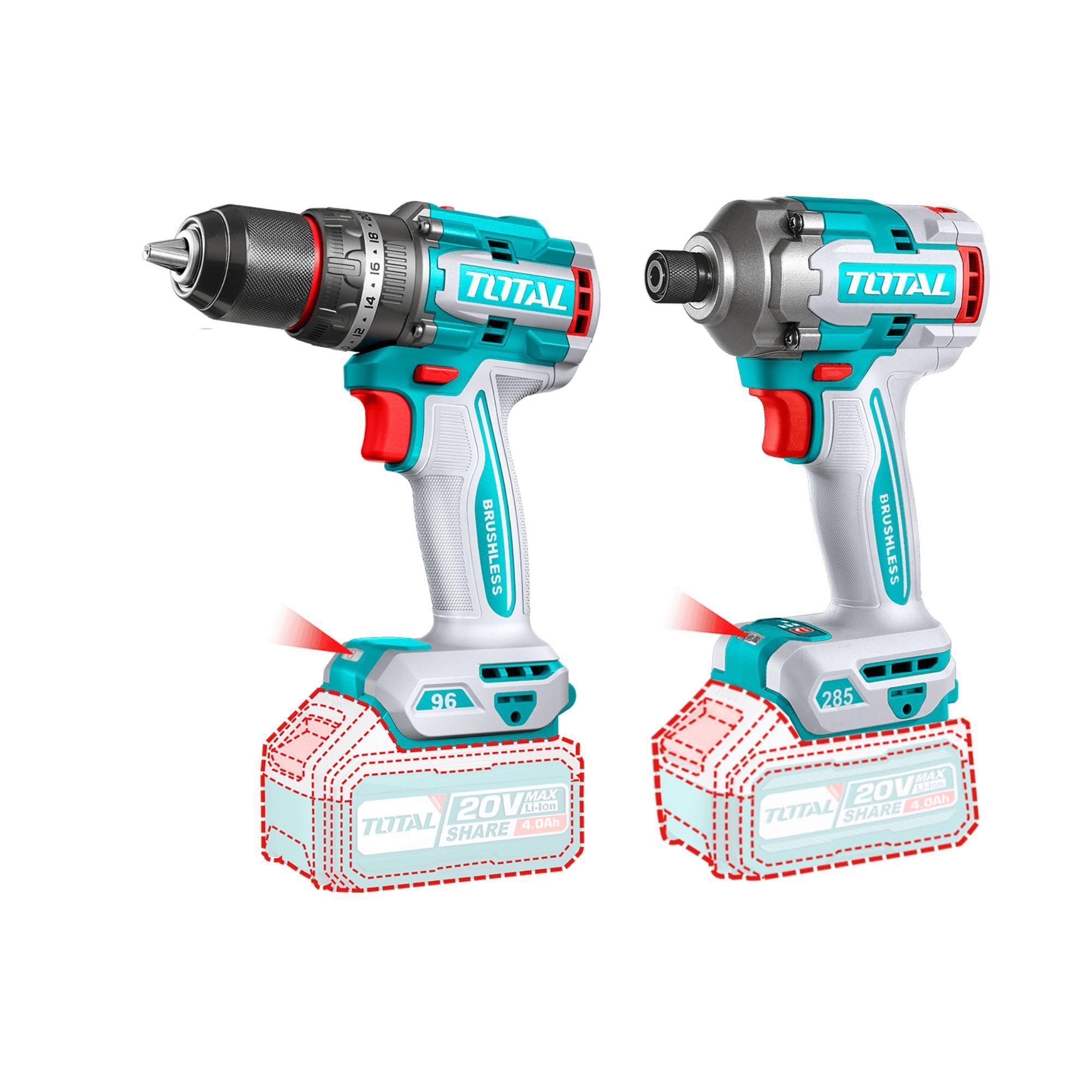 Kit 20V Inalámbrico Taladro Impacto, Atornillador Impacto, Soplador, Batería 2.0Ah y Cargador Total-1