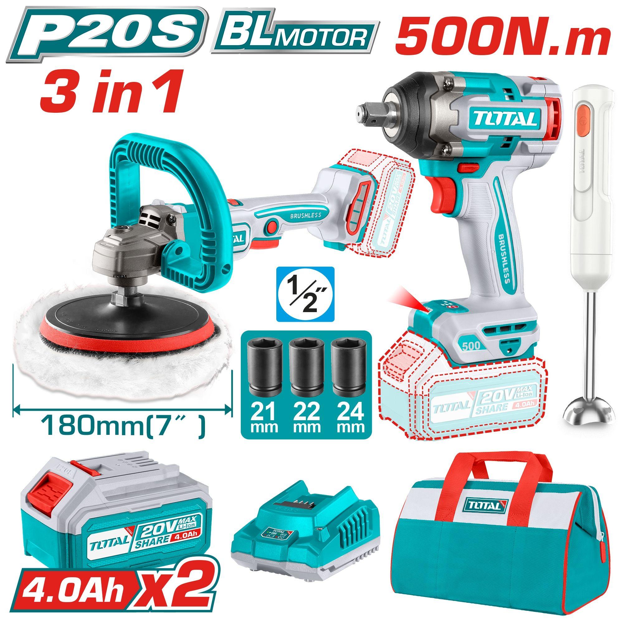 Kit Llave de Impacto 500 Nm, Pulidora y Batidora 20V Total-0
