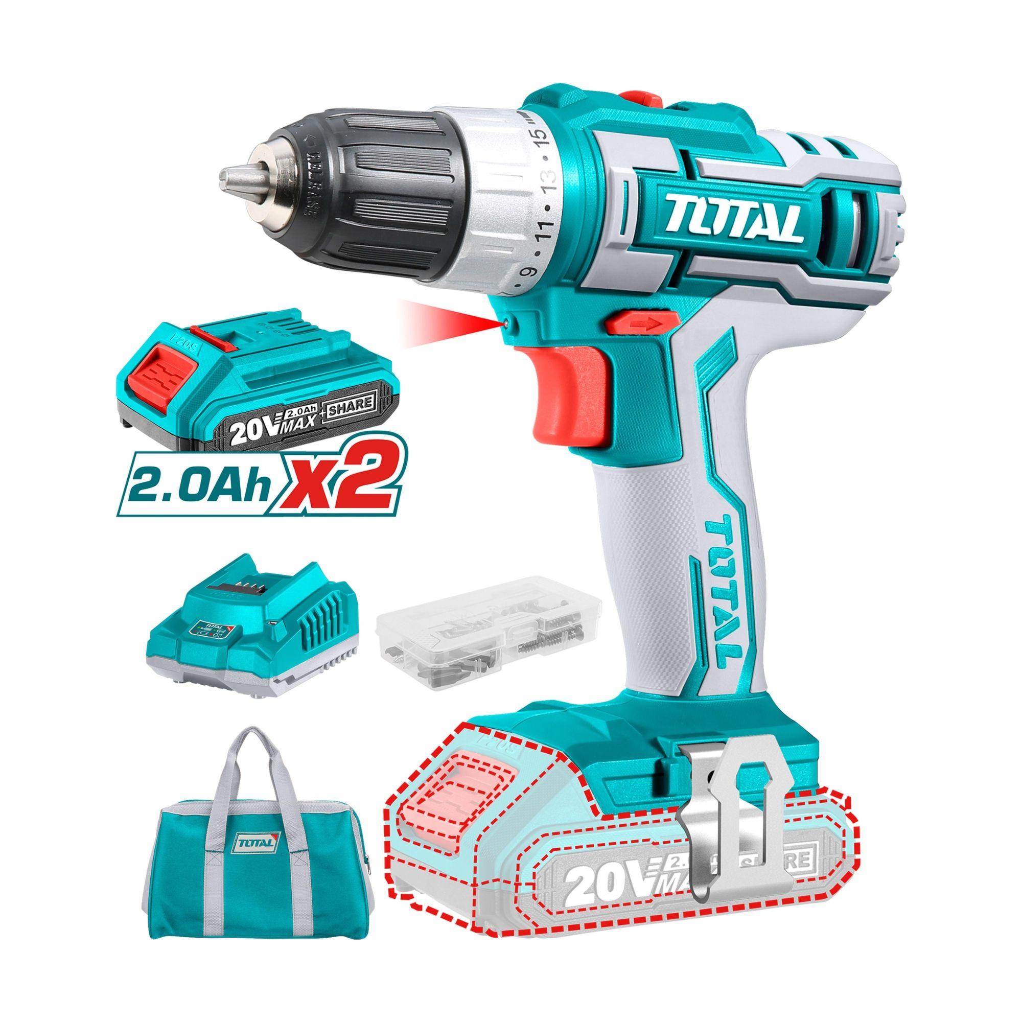 Taladro Inalámbrico 20V 10 mm Litio Ion, 2 Baterías y Cargador Total-0