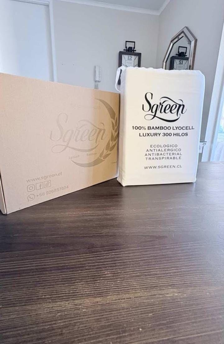 Sabanas de Bambu KING con 2Fundas 100% Lyocell. Sgreen/Blanco-2