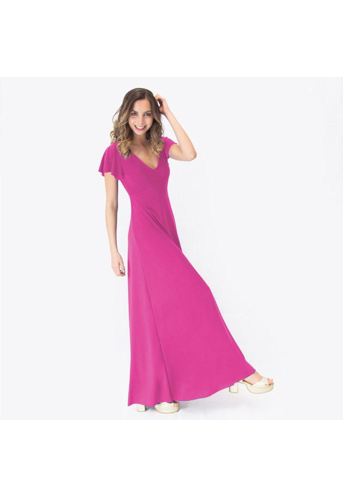 Vestido Largo Mangas Fucsia Lycra Lazo Espalda Maria Paskaro-1