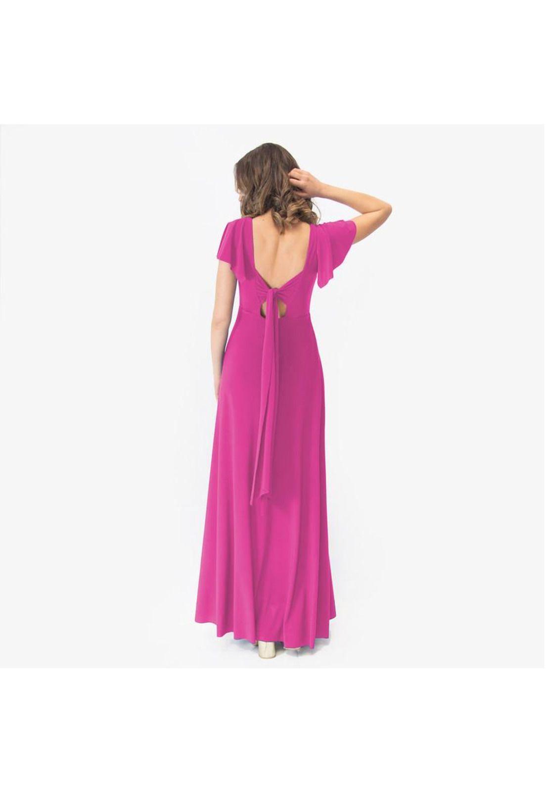 Vestido Largo Mangas Fucsia Lycra Lazo Espalda Maria Paskaro-2