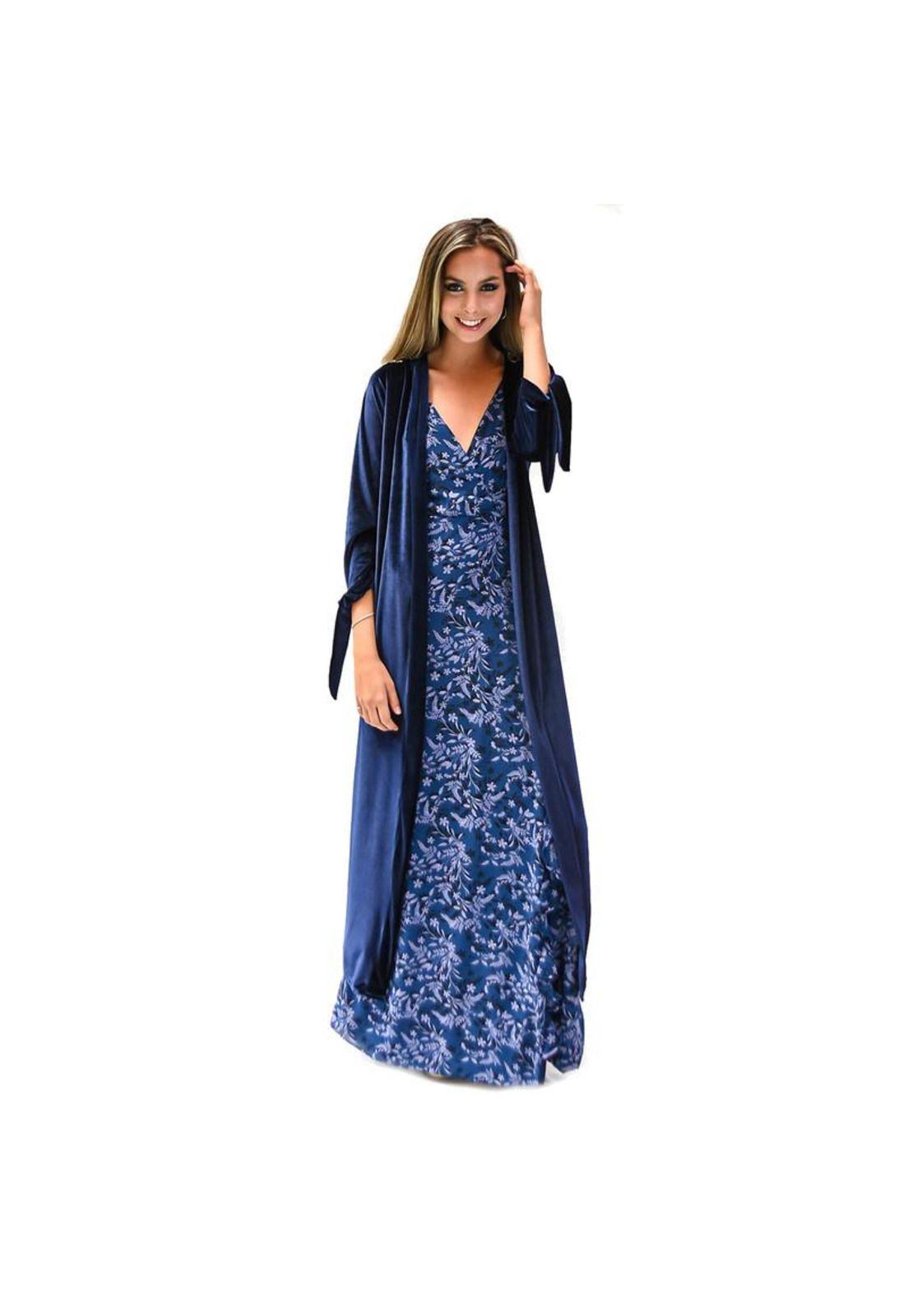 Tapado Kimono Largo Verona Azul Marino Terciopelo Bordado Maria Paskaro-0