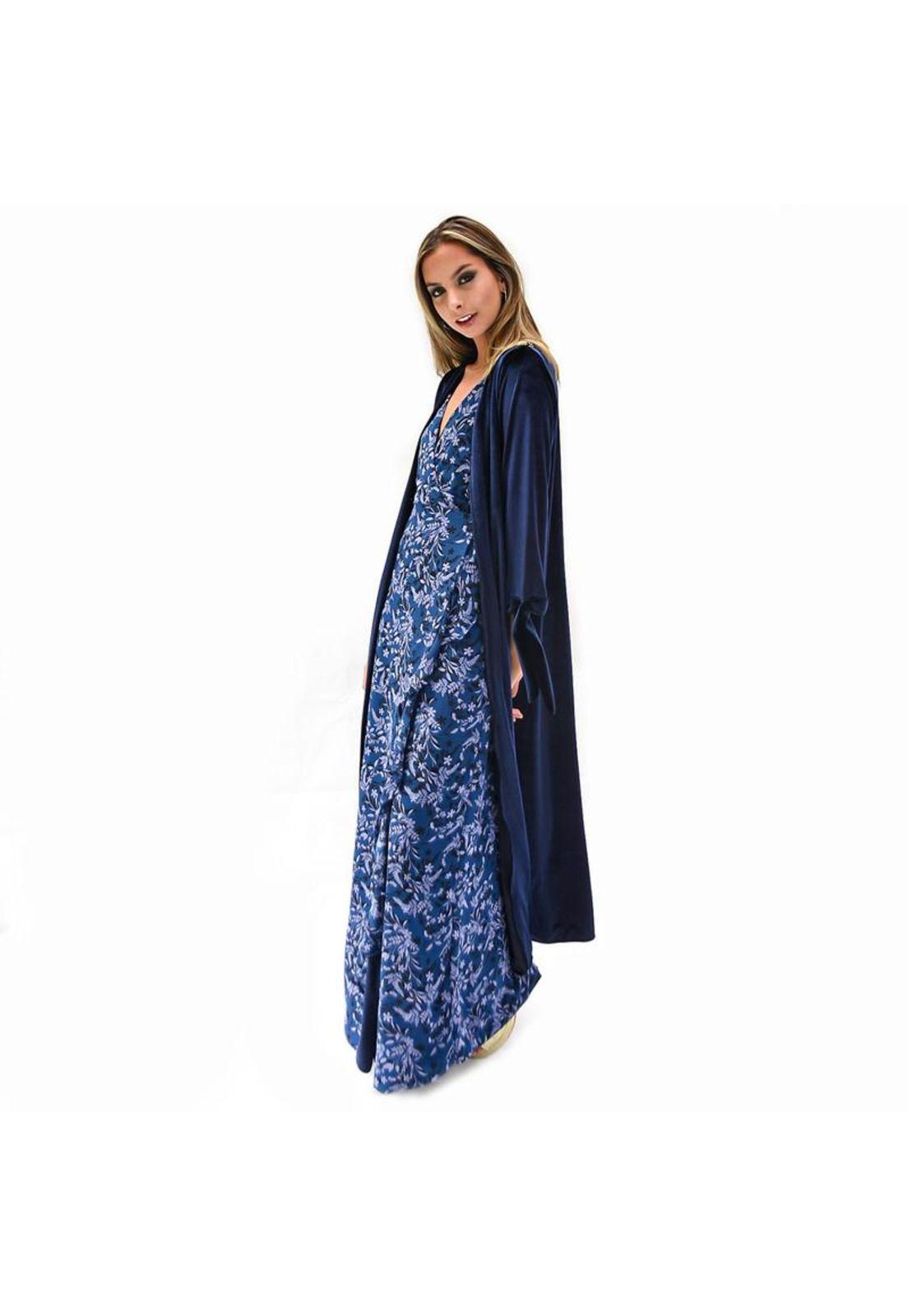 Tapado Kimono Largo Verona Azul Marino Terciopelo Bordado Maria Paskaro-1