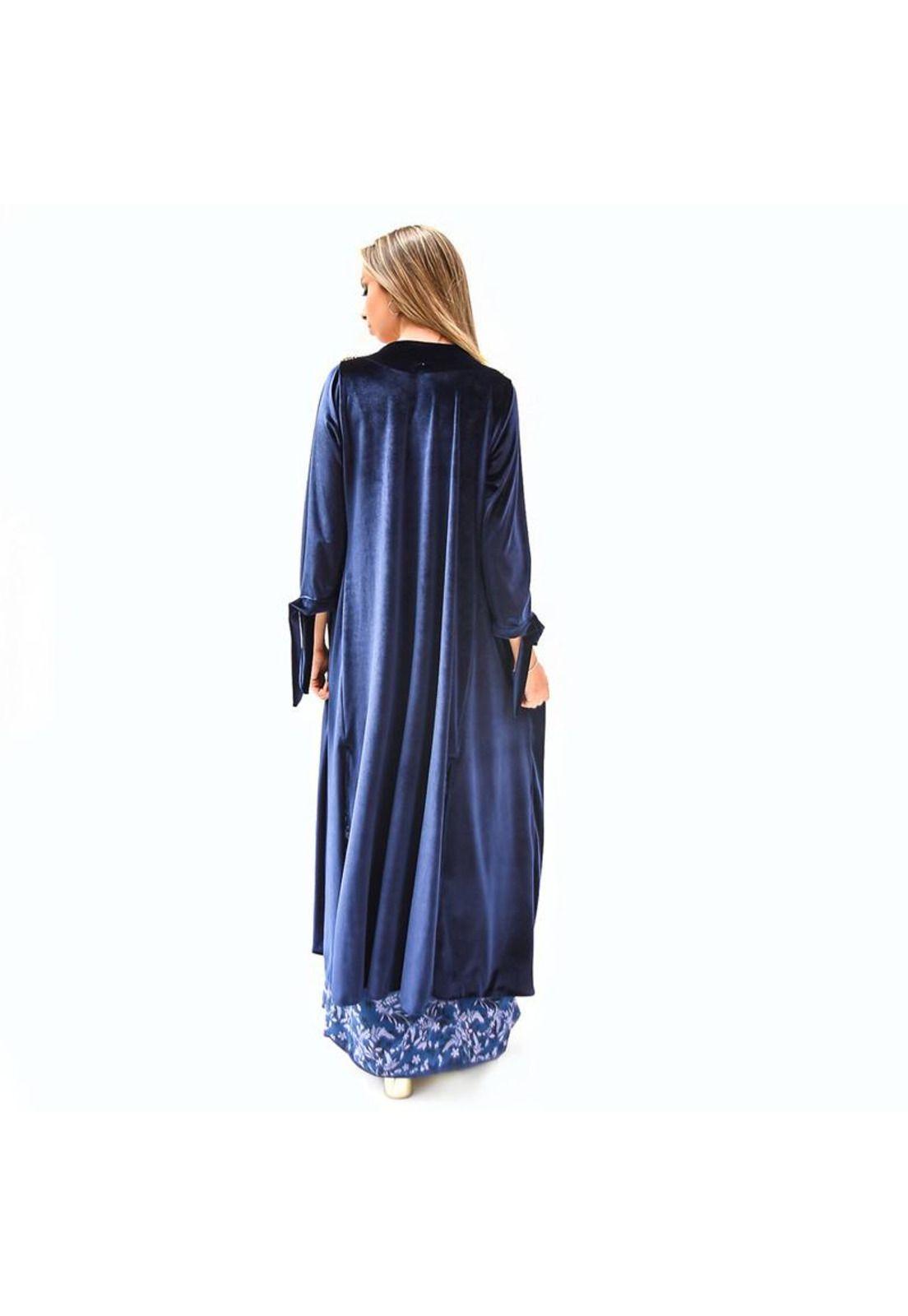Tapado Kimono Largo Verona Azul Marino Terciopelo Bordado Maria Paskaro-2