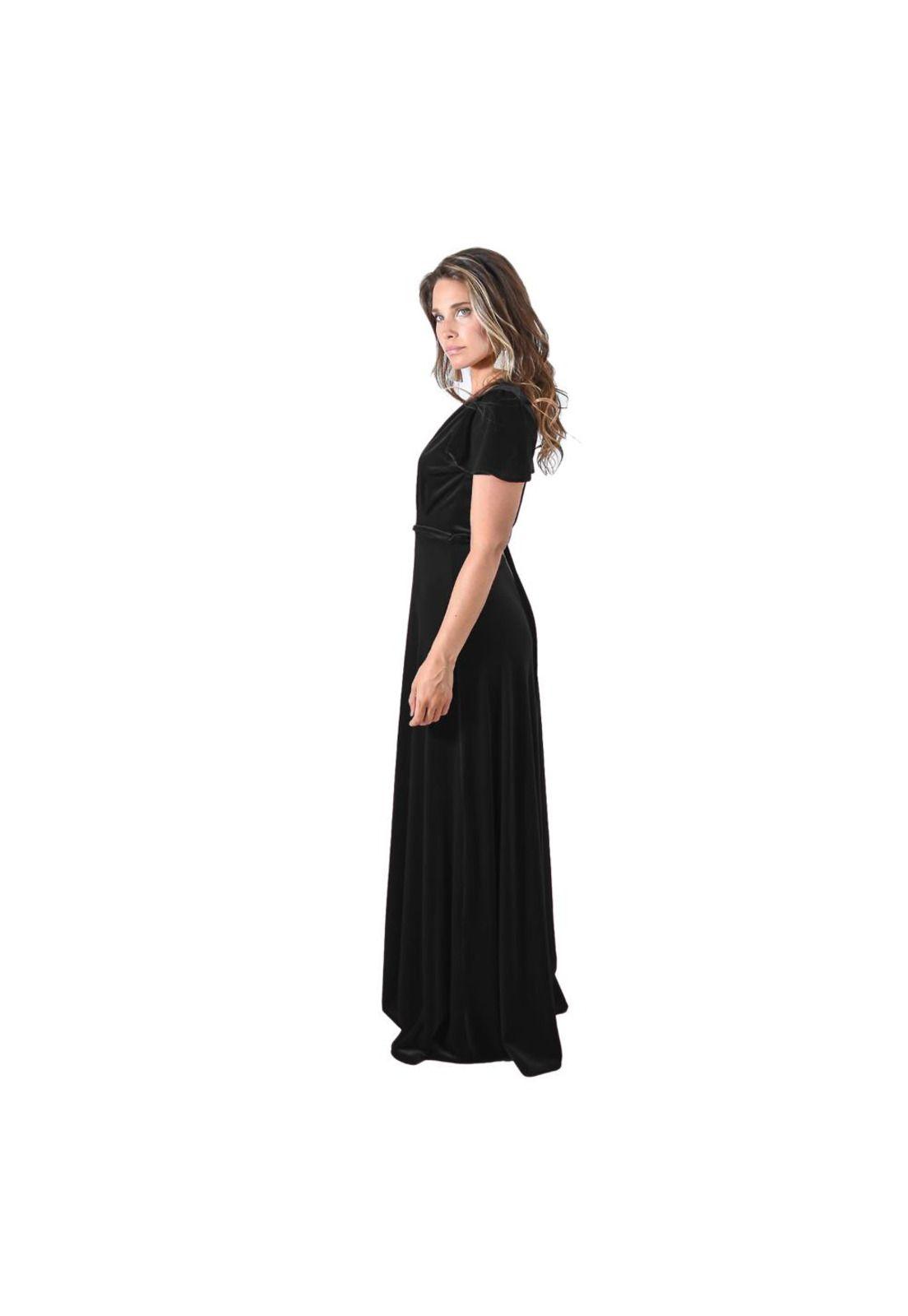 Vestido Largo York Negro Terciopelo Mangas Maria Paskaro-2