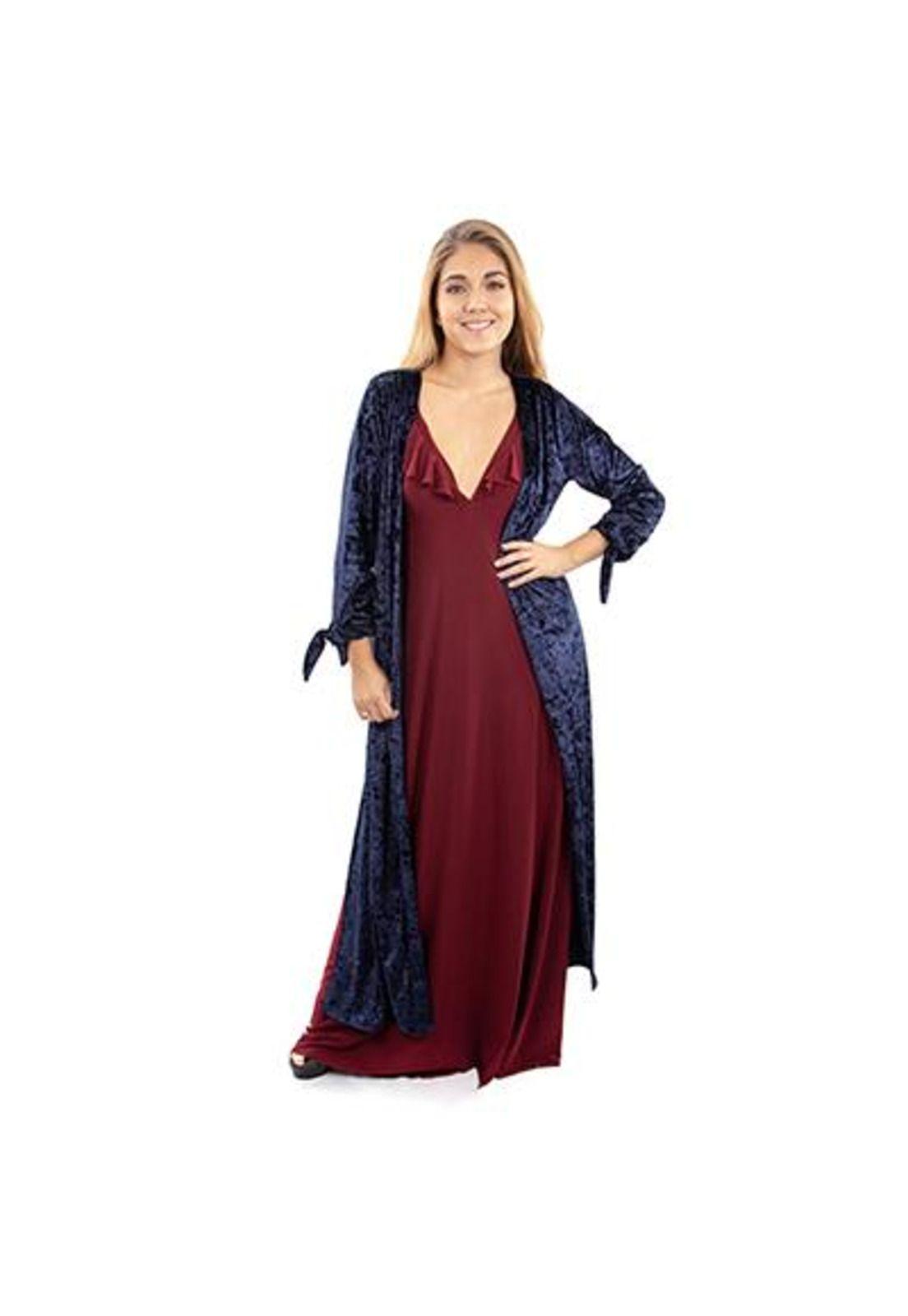 Tapado Kimono Largo Azul Jaspeado Terciopelo Maria Paskaro-2
