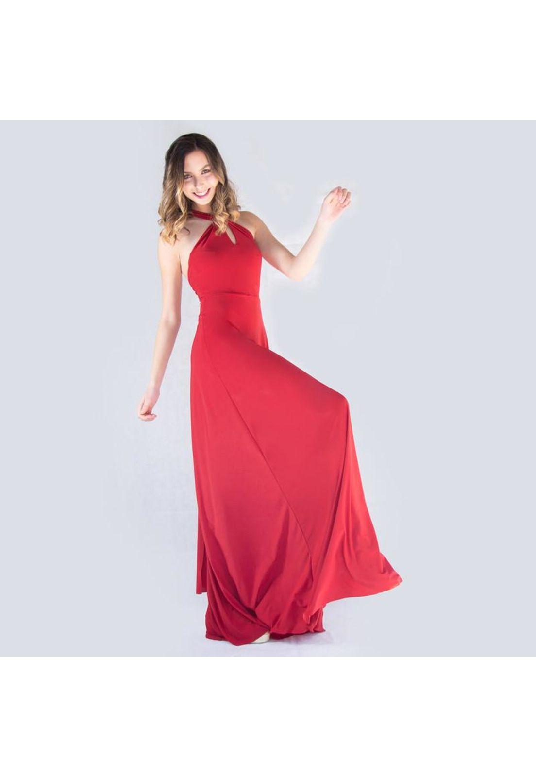 Vestido Largo Oporto Rojo Italiano Lycra Halter Amarra Maria Paskaro-1