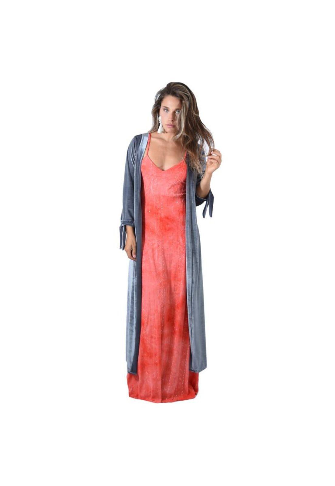 Tapado Kimono Largo Verona Grafito Lineas Terciopelo Maria Paskaro-0