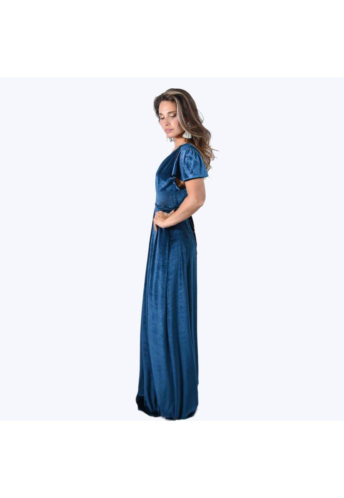 Vestido Largo York Petroleo Terciopelo Mangas  Maria Paskaro-1