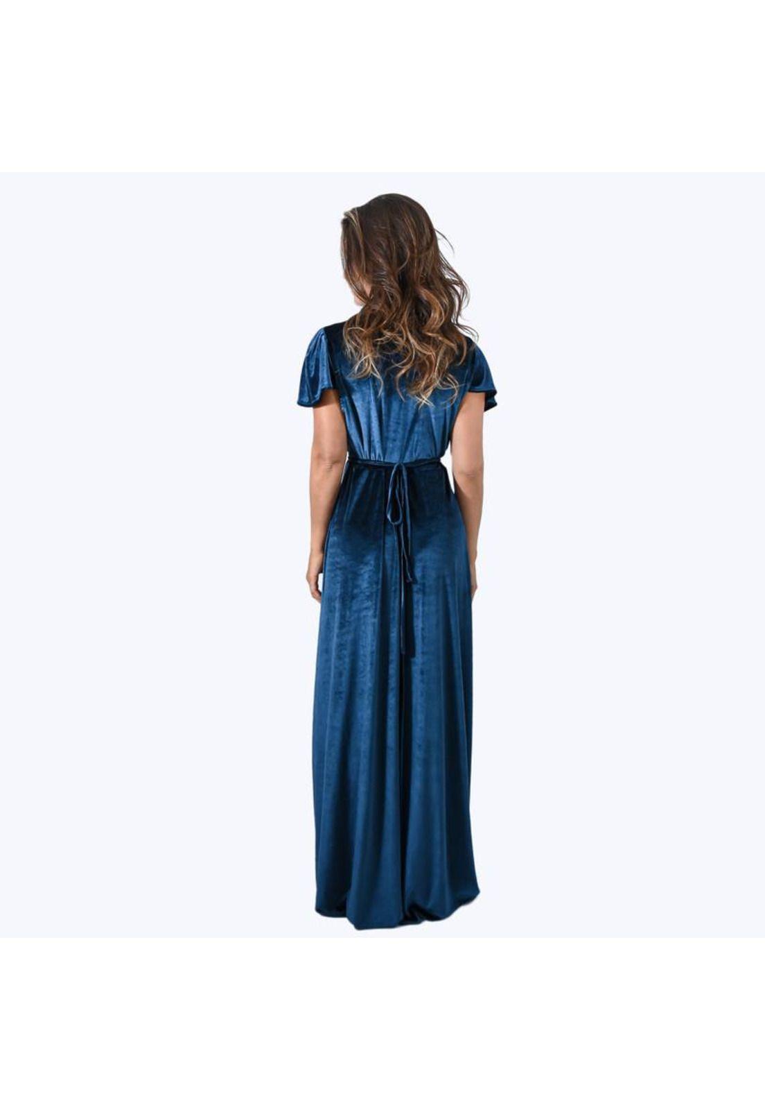 Vestido Largo York Petroleo Terciopelo Mangas  Maria Paskaro-2