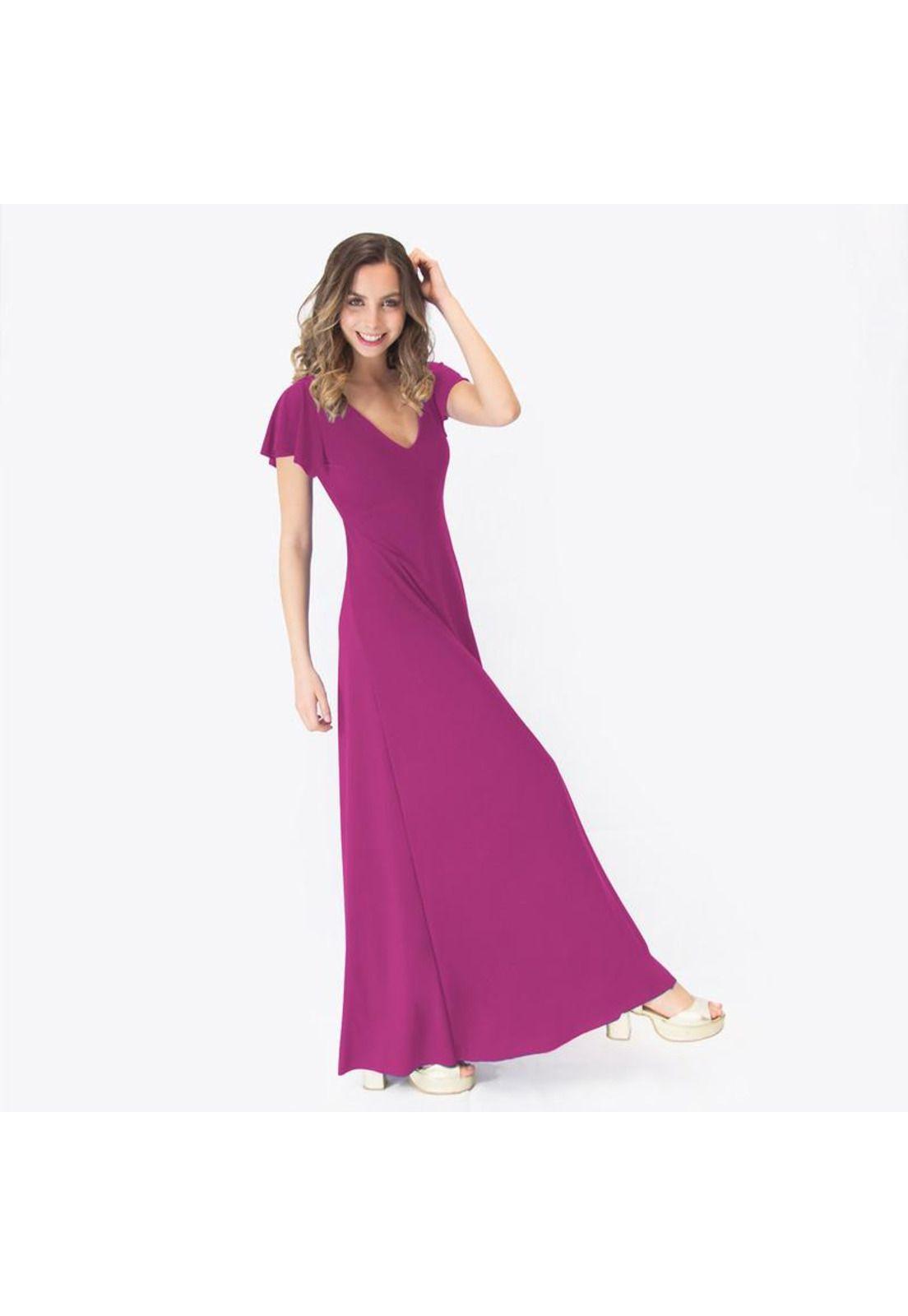 Vestido Largo Mangas Magenta Lycra Lazo Espalda Maria Paskaro-1