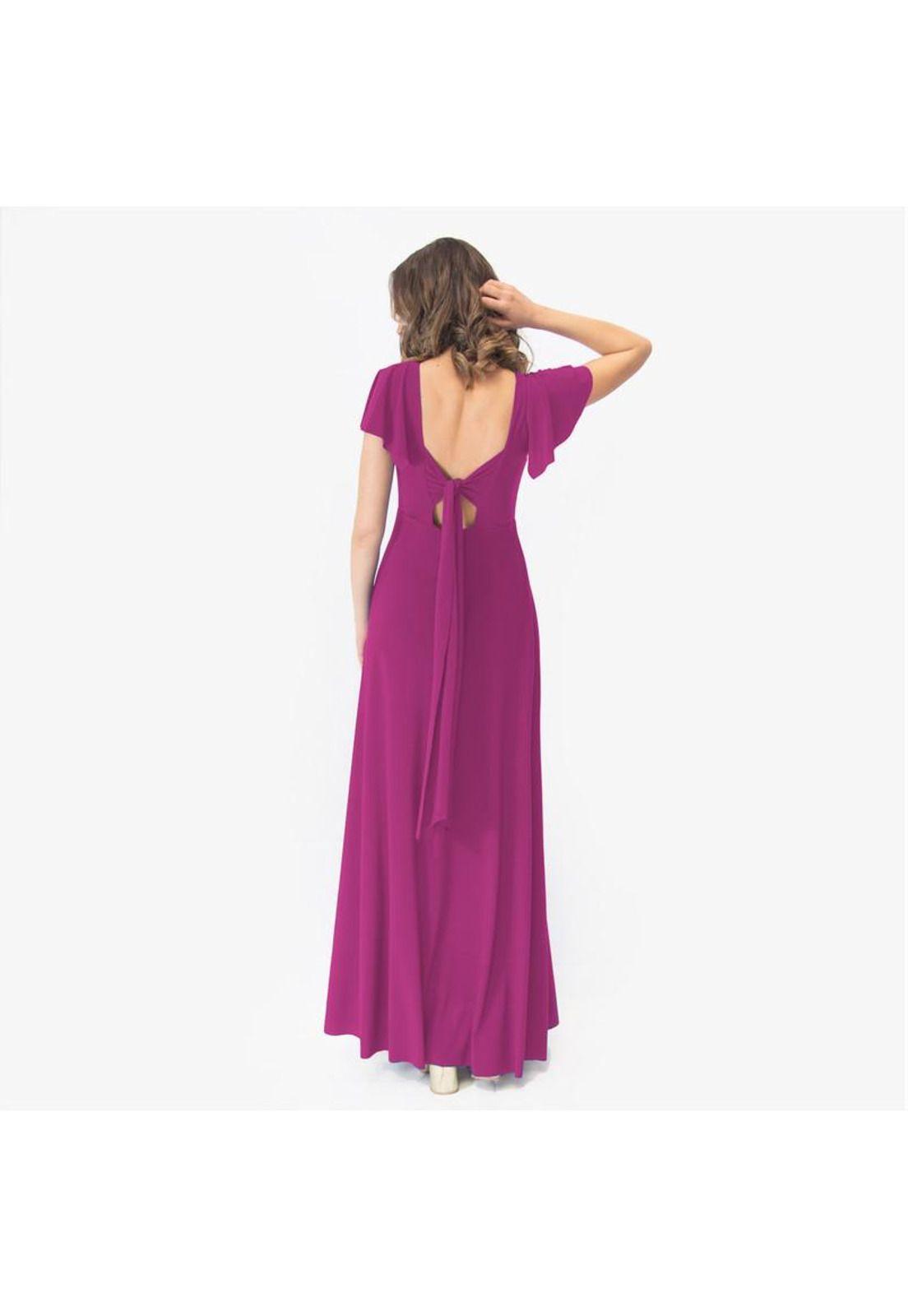 Vestido Largo Mangas Magenta Lycra Lazo Espalda Maria Paskaro-2