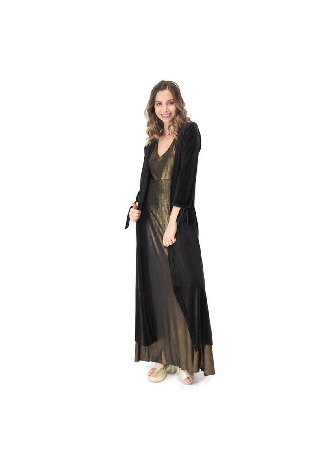 Tapado Kimono Largo Verona Negro Terciopelo Bordado Maria Paskaro-0