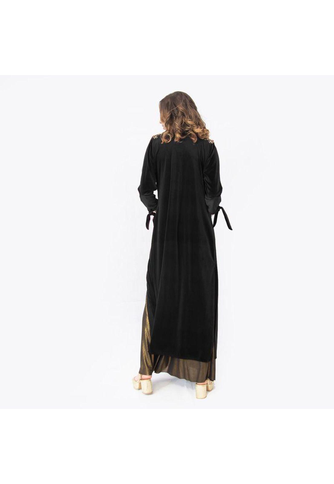 Tapado Kimono Largo Verona Negro Terciopelo Bordado Maria Paskaro-2