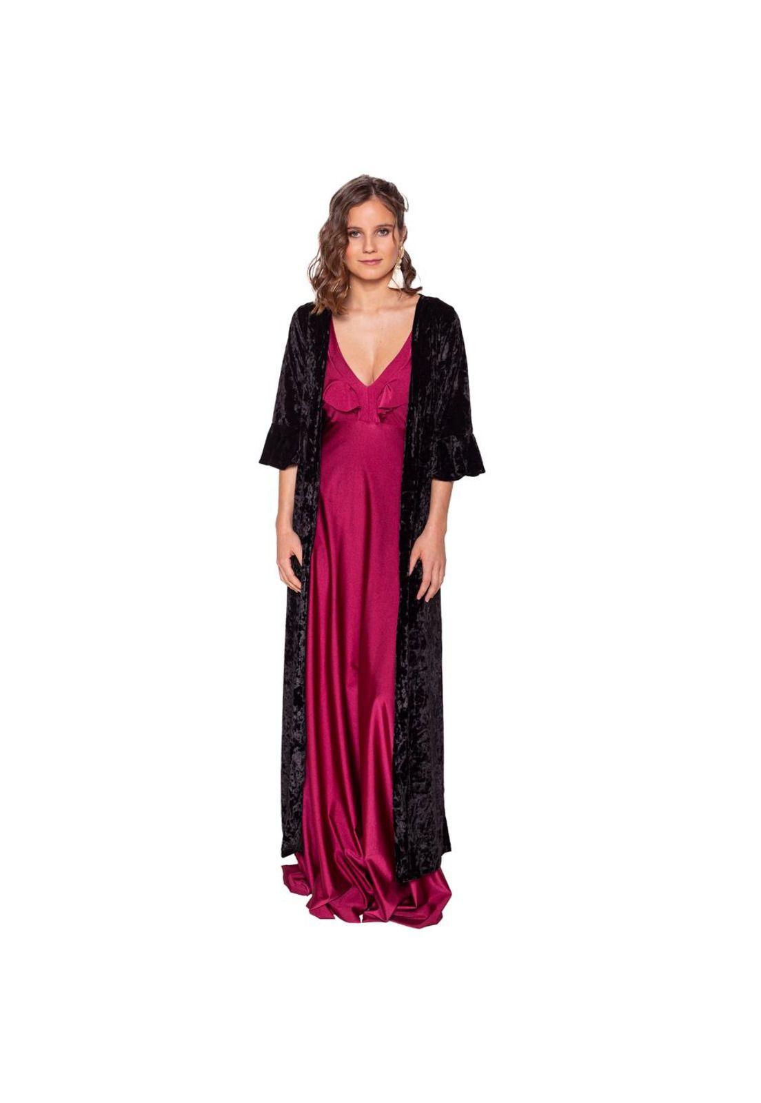 Tapado Kimono Largo Vuelos Negro Jaspeado Maria Paskaro-0