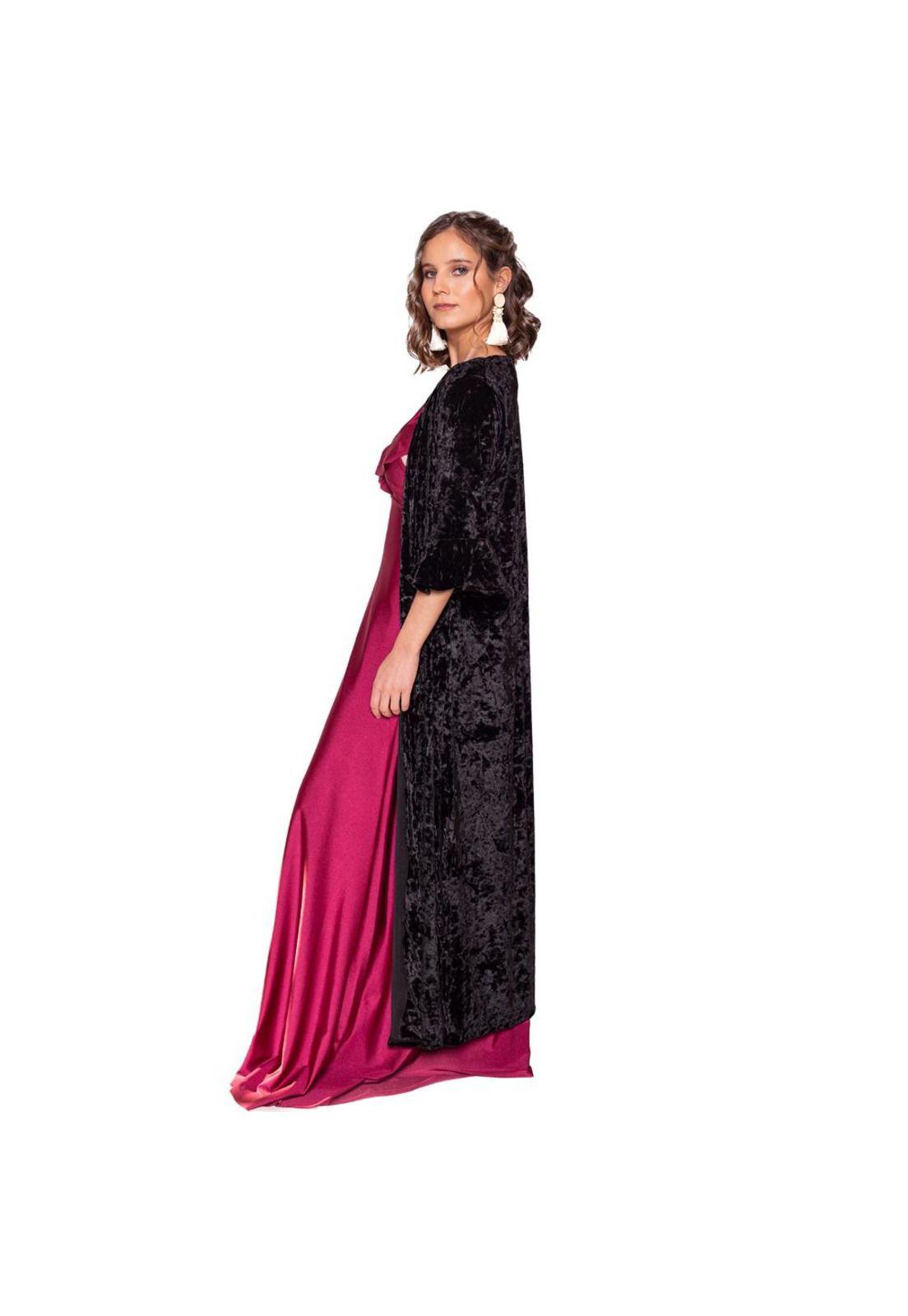 Tapado Kimono Largo Vuelos Negro Jaspeado Maria Paskaro-1