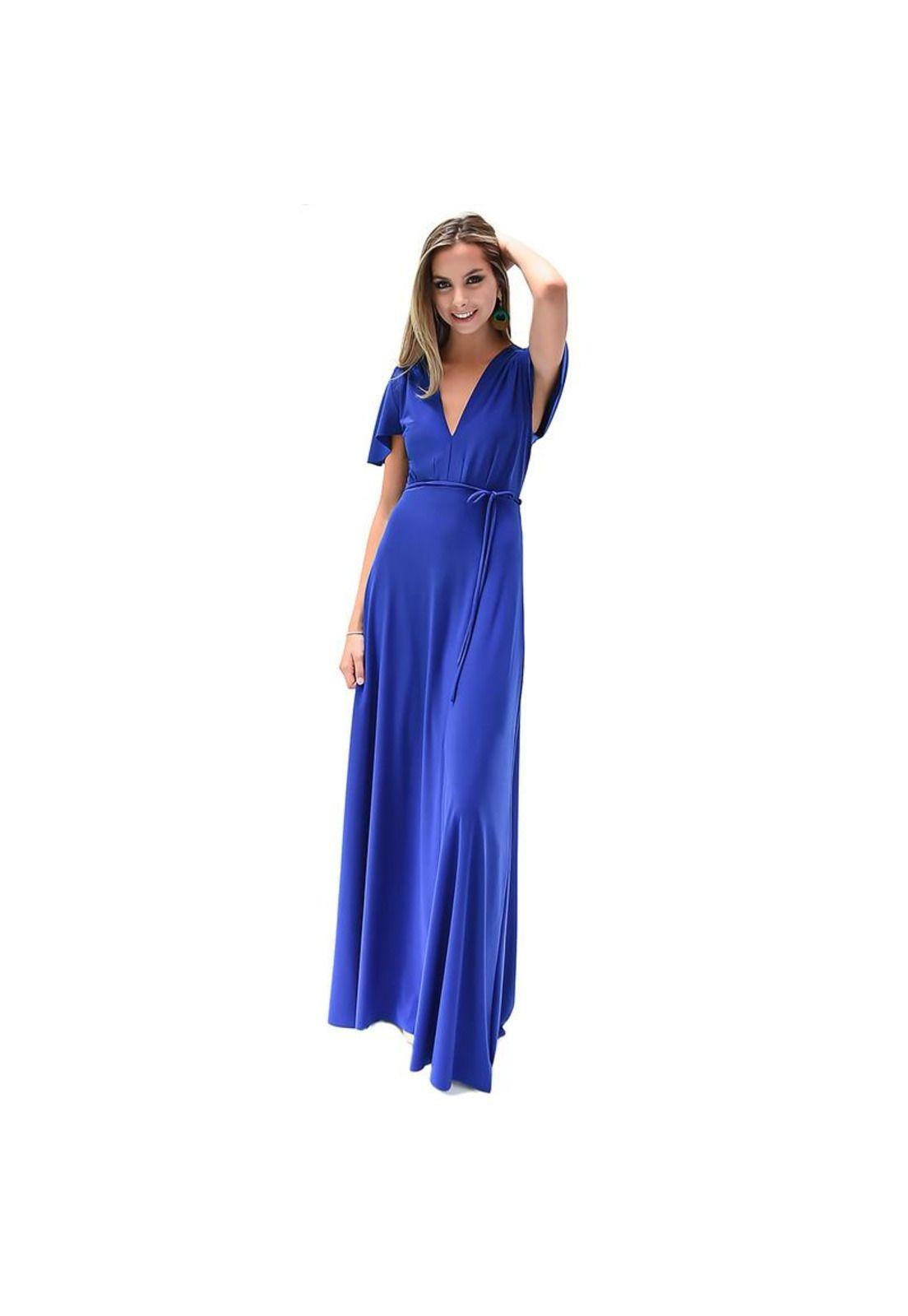 Vestido Largo York Azulino Lycra Mangas  Maria Paskaro-0