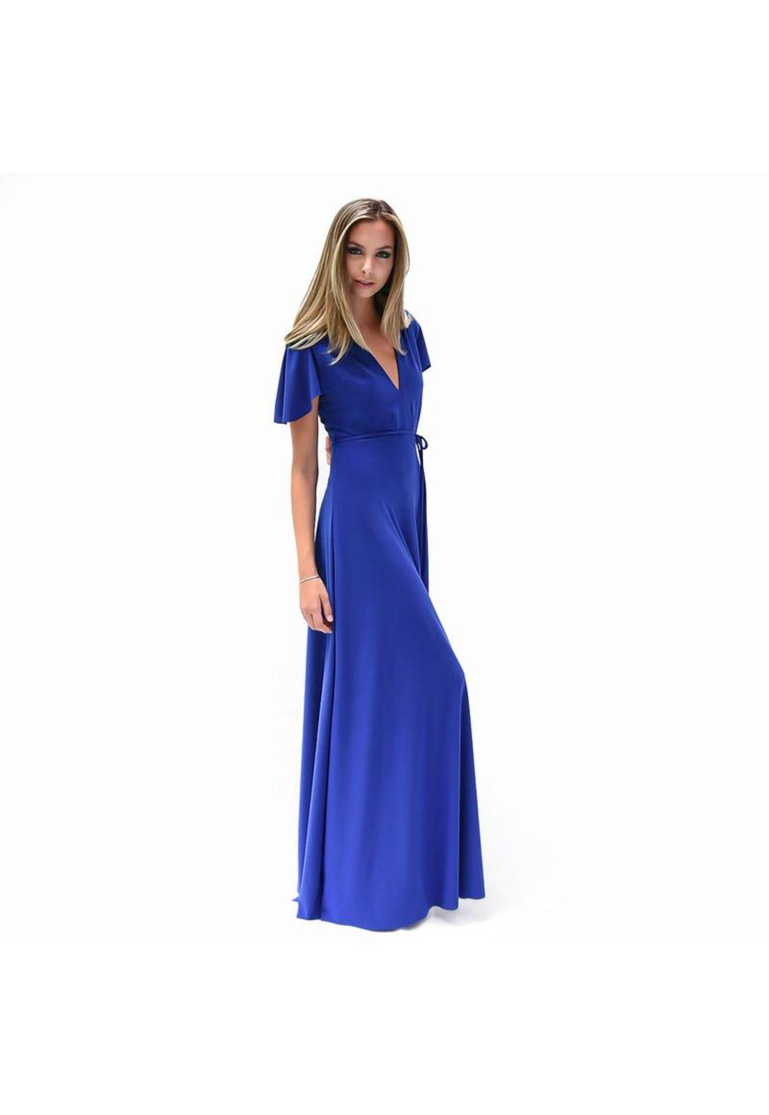 Vestido Largo York Azulino Lycra Mangas  Maria Paskaro-1
