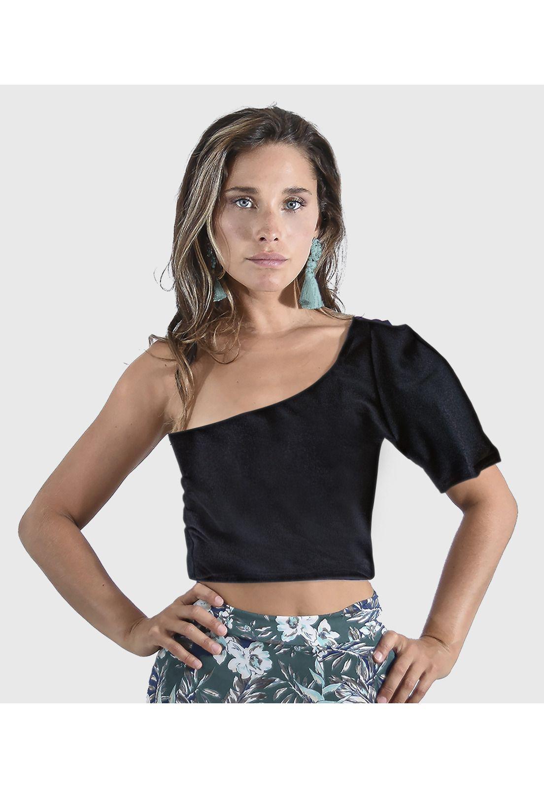 Peto Asimetrico Pedrera Negro Brillo Lycra Maria Paskaro-0