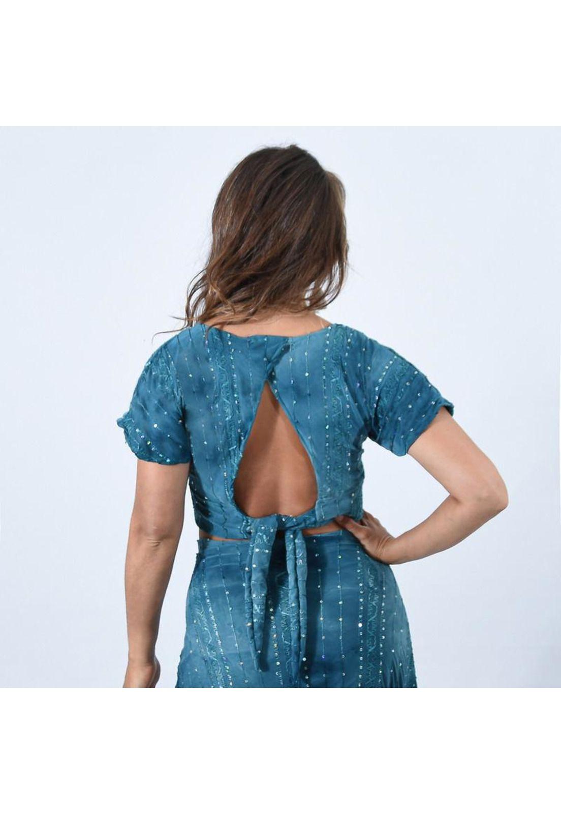 Peto Roma Turquesa Lentejuelas Lycra Mangas Abierto Espalda Maria Paskaro-3