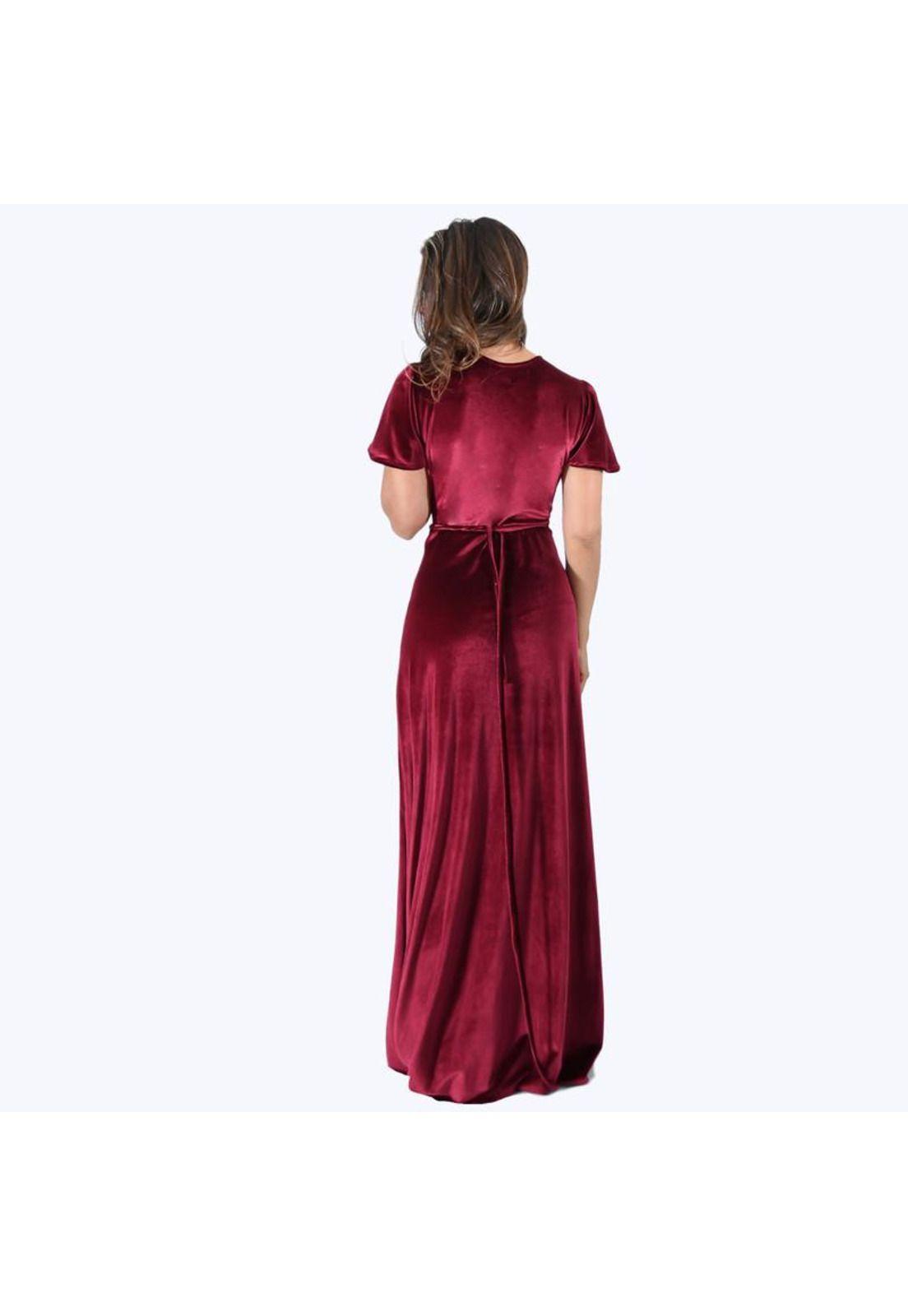 Vestido Largo York Burdeo Terciopelo Mangas  Maria Paskaro-2