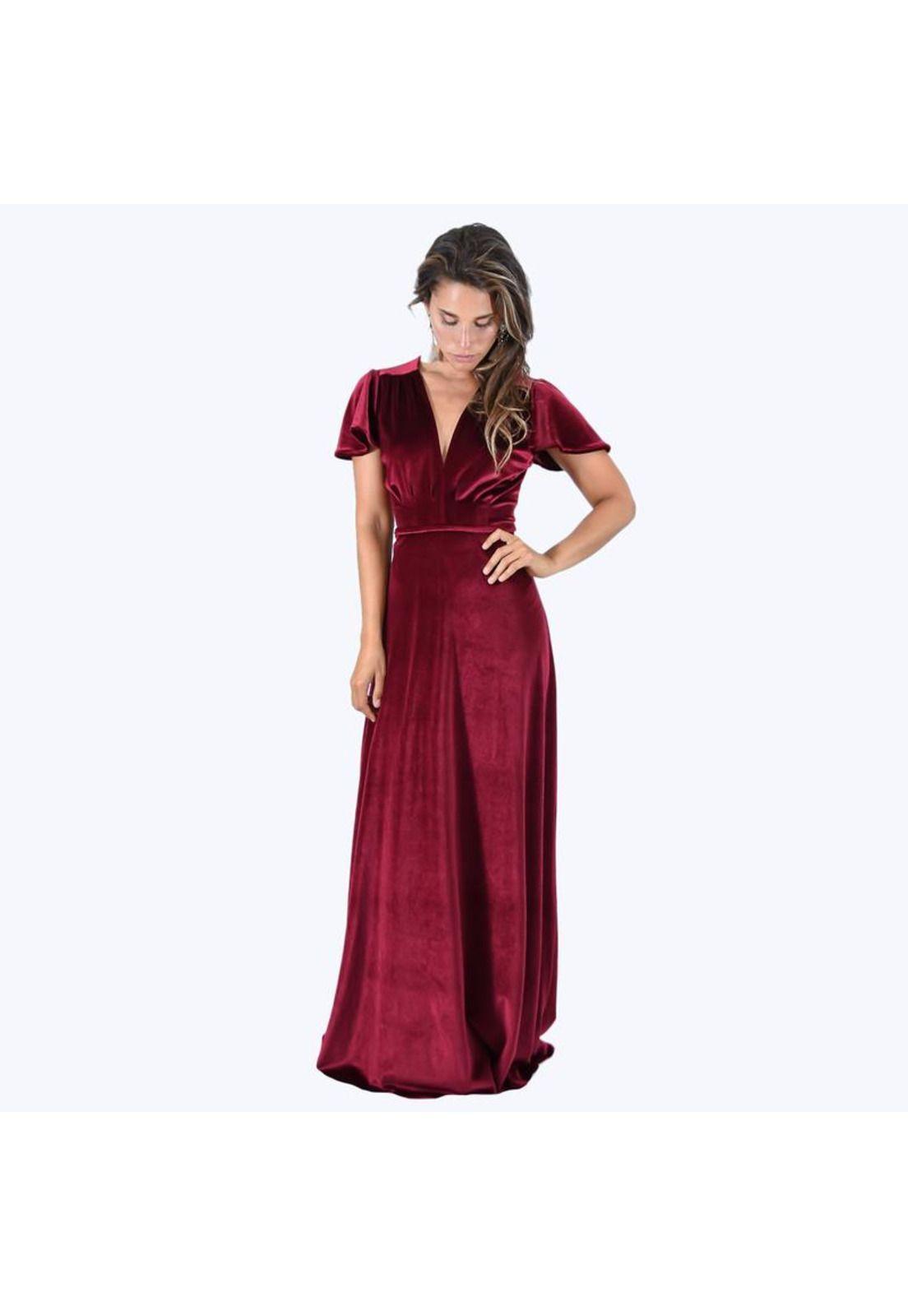 Vestido Largo York Burdeo Terciopelo Mangas  Maria Paskaro-3