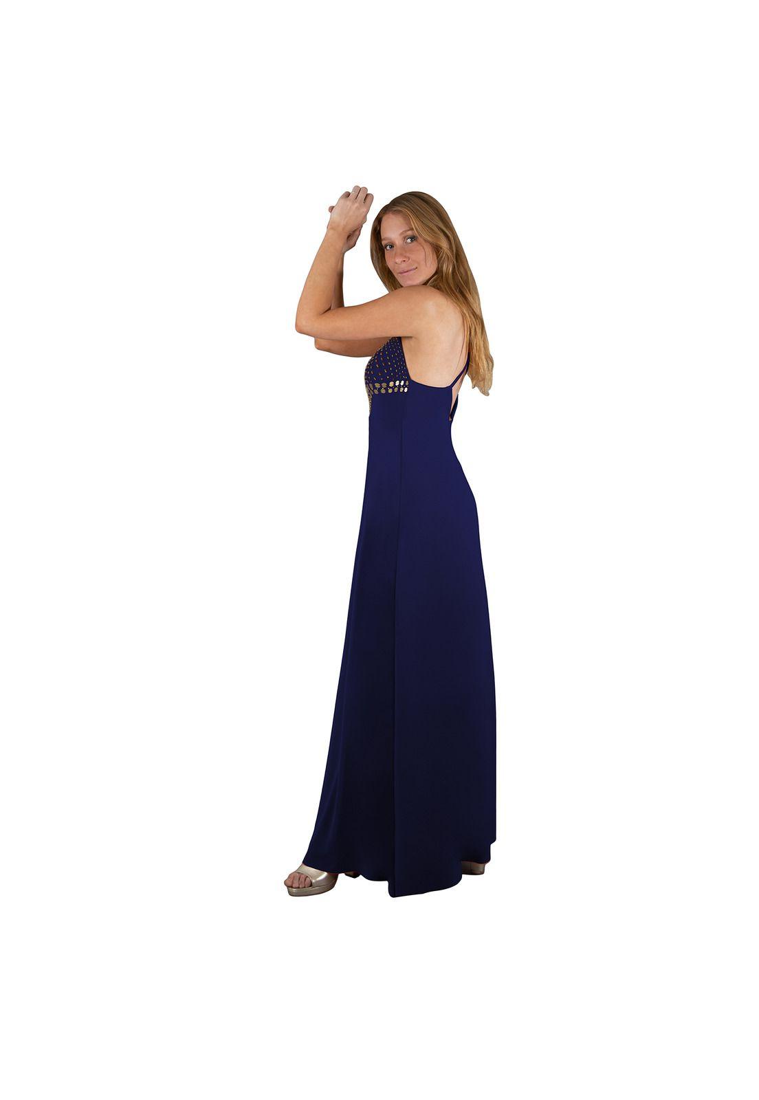 Vestido Largo Berlin Azul Marino Lycra Bordado R Maria Paskaro-1