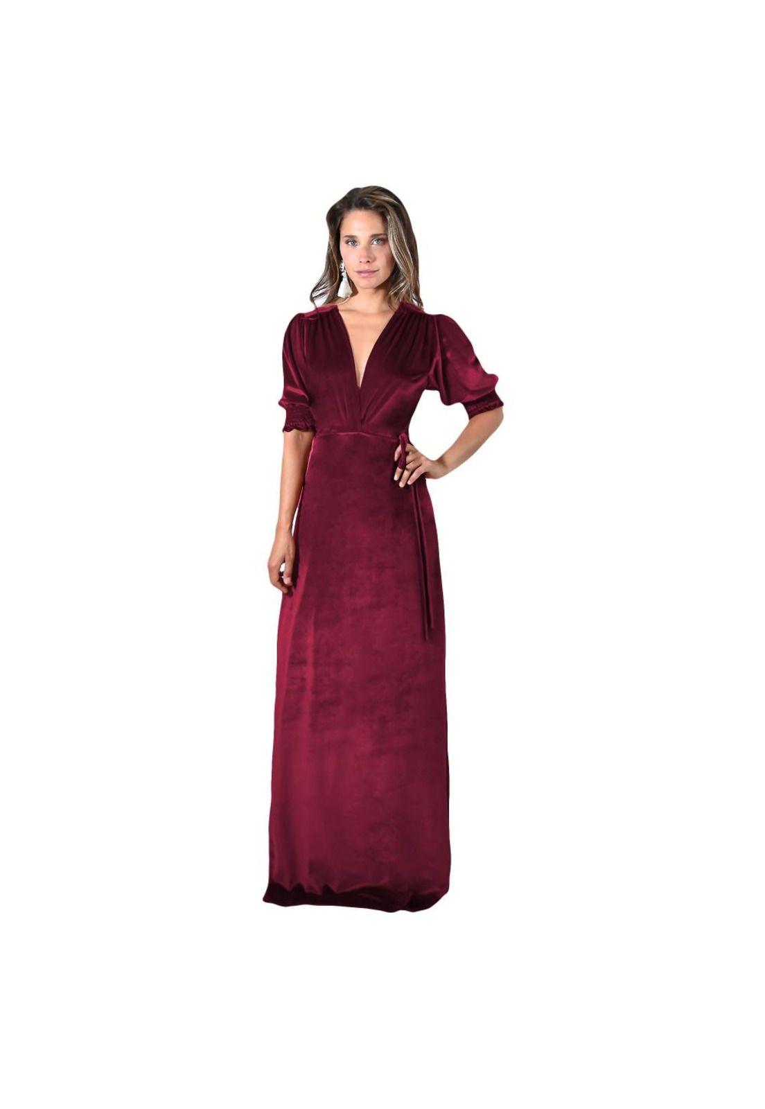 Vestido Largo Sevilla Burdeo Terciopelo Mangas  Maria Paskaro-0