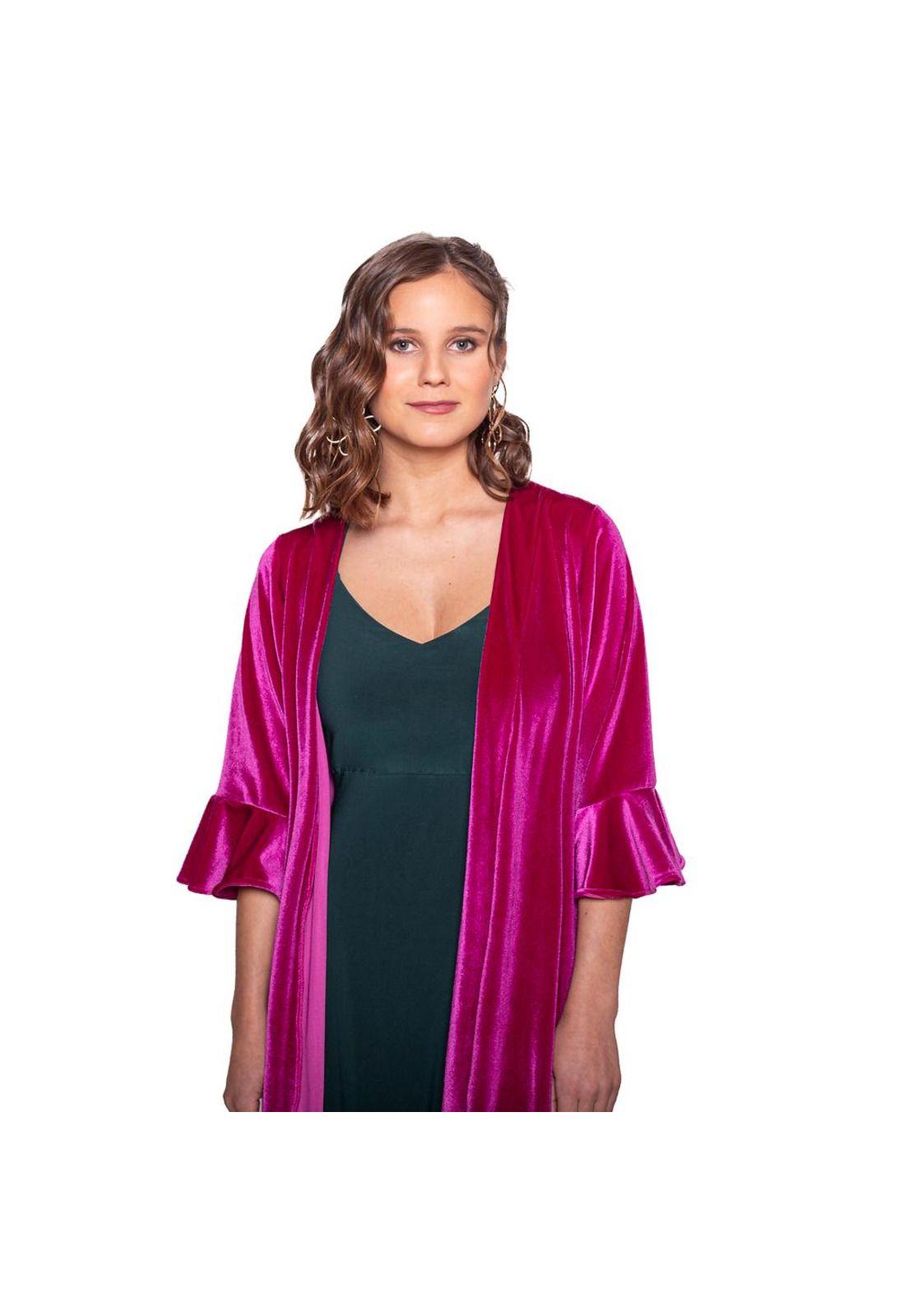 Tapado Kimono Largo Vuelos Fucsia Terciopelo Maria Paskaro-2