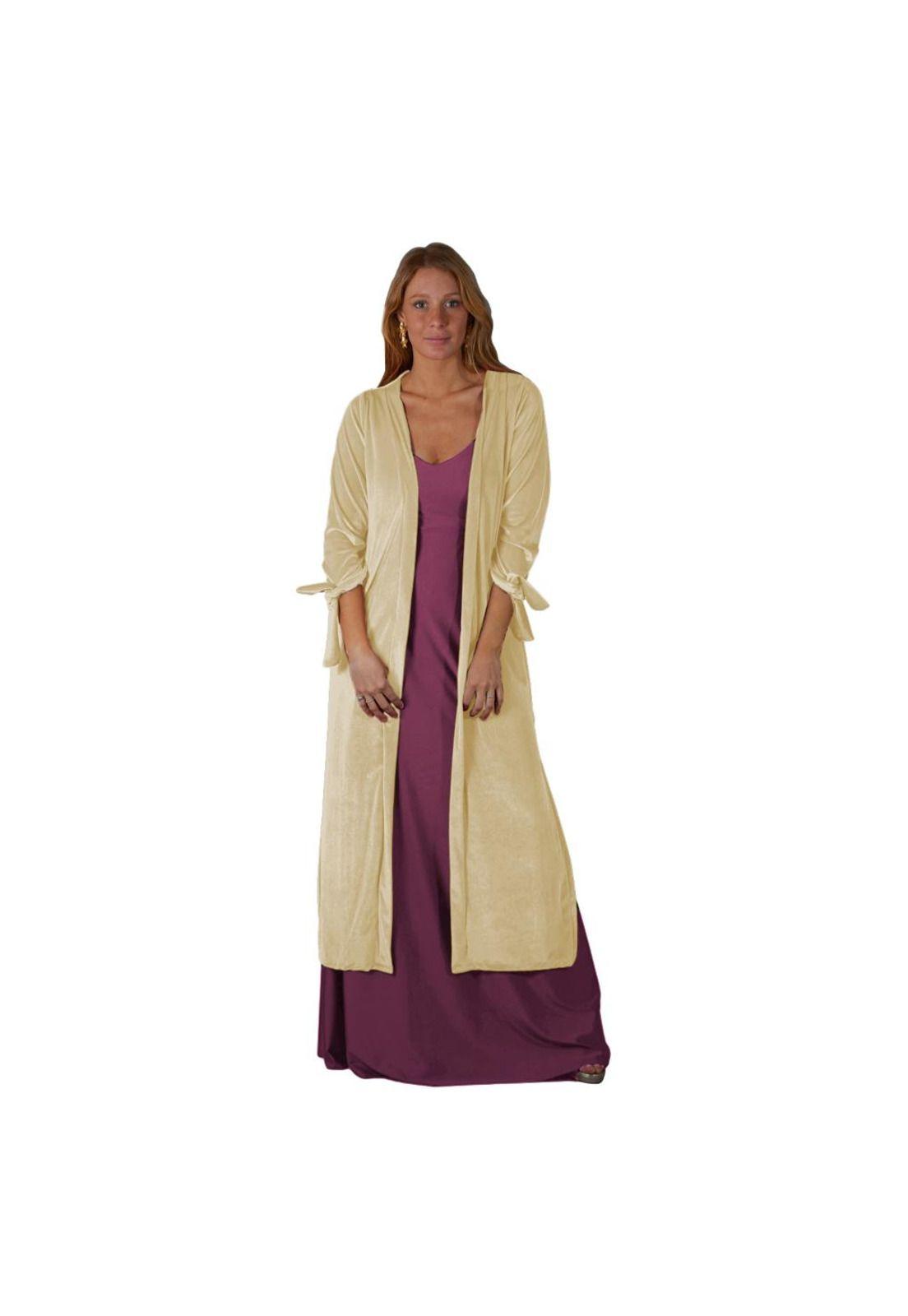 Tapado Kimono Largo Verona Beige Terciopelo Maria Paskaro-0
