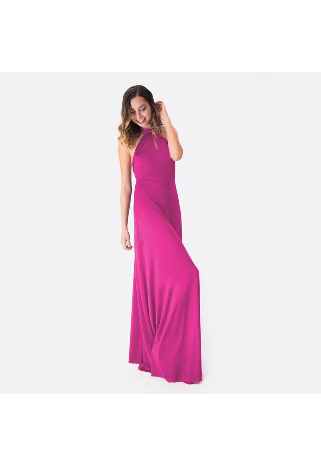 Vestido Largo Oporto Fucsia Lycra Halter Amarra Maria Paskaro-1