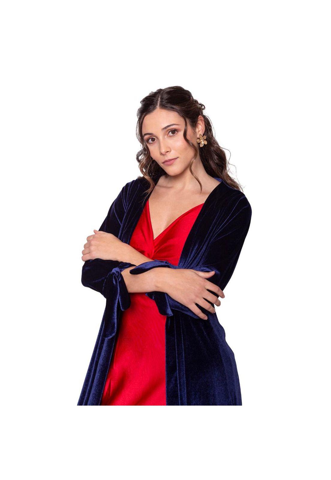 Tapado Kimono Largo Verona Azul Terciopelo Maria Paskaro-3