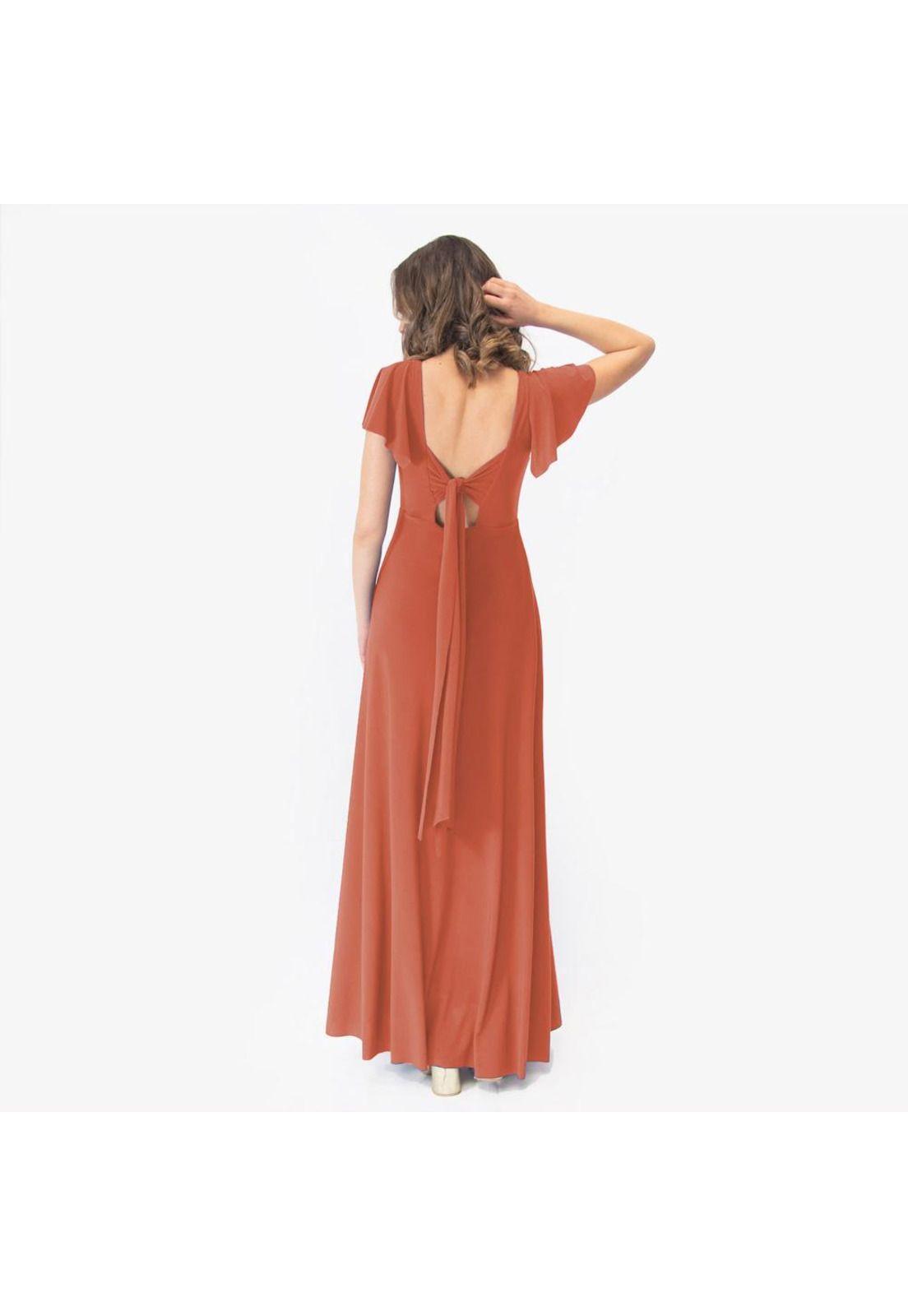 Vestido Largo Mangas Naranjo Lycra Lazo Espalda Maria Paskaro-2