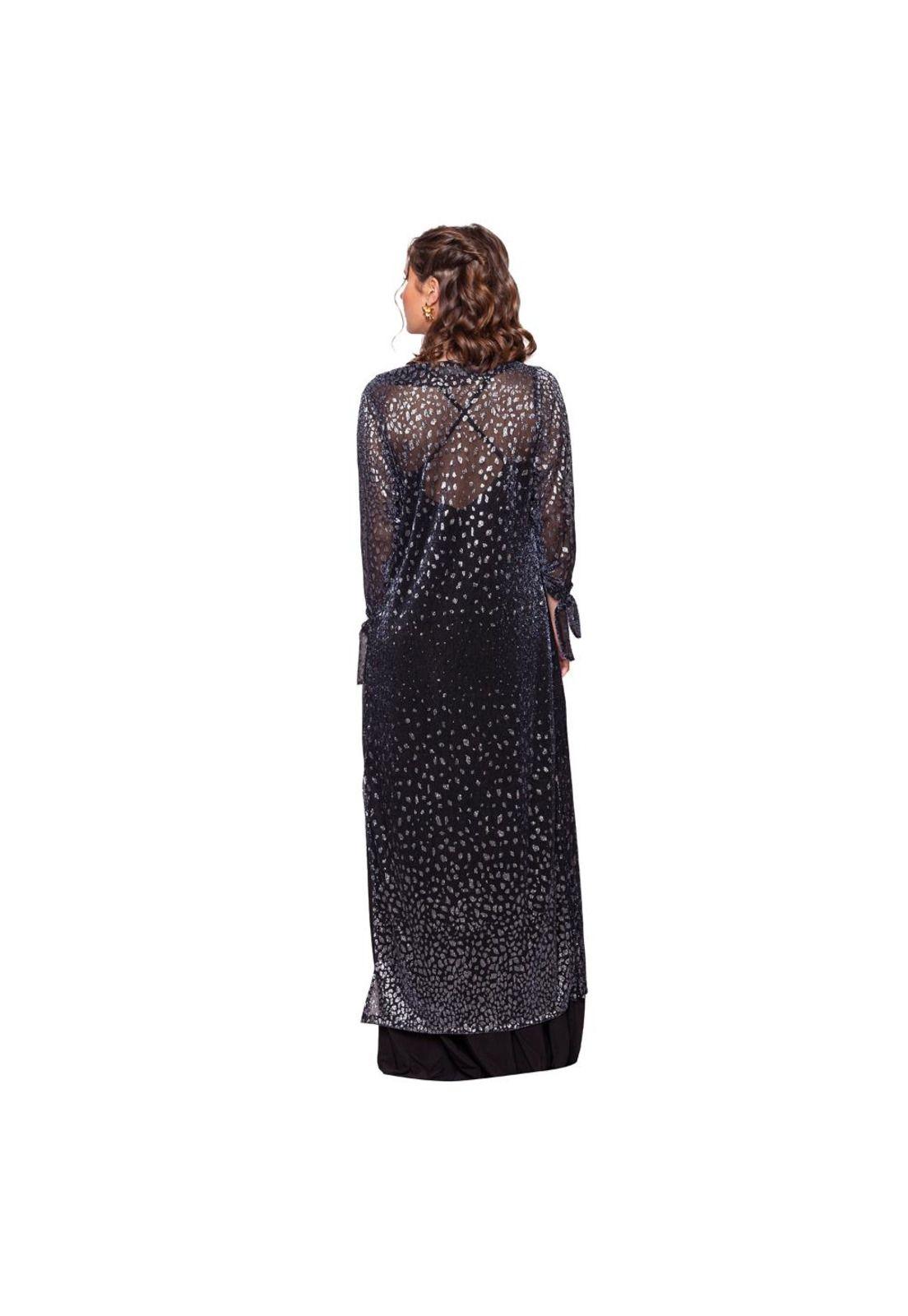 Tapado Kimono Largo Verona Negro Manchas Plateado Plisado Transparente Maria Paskaro-2