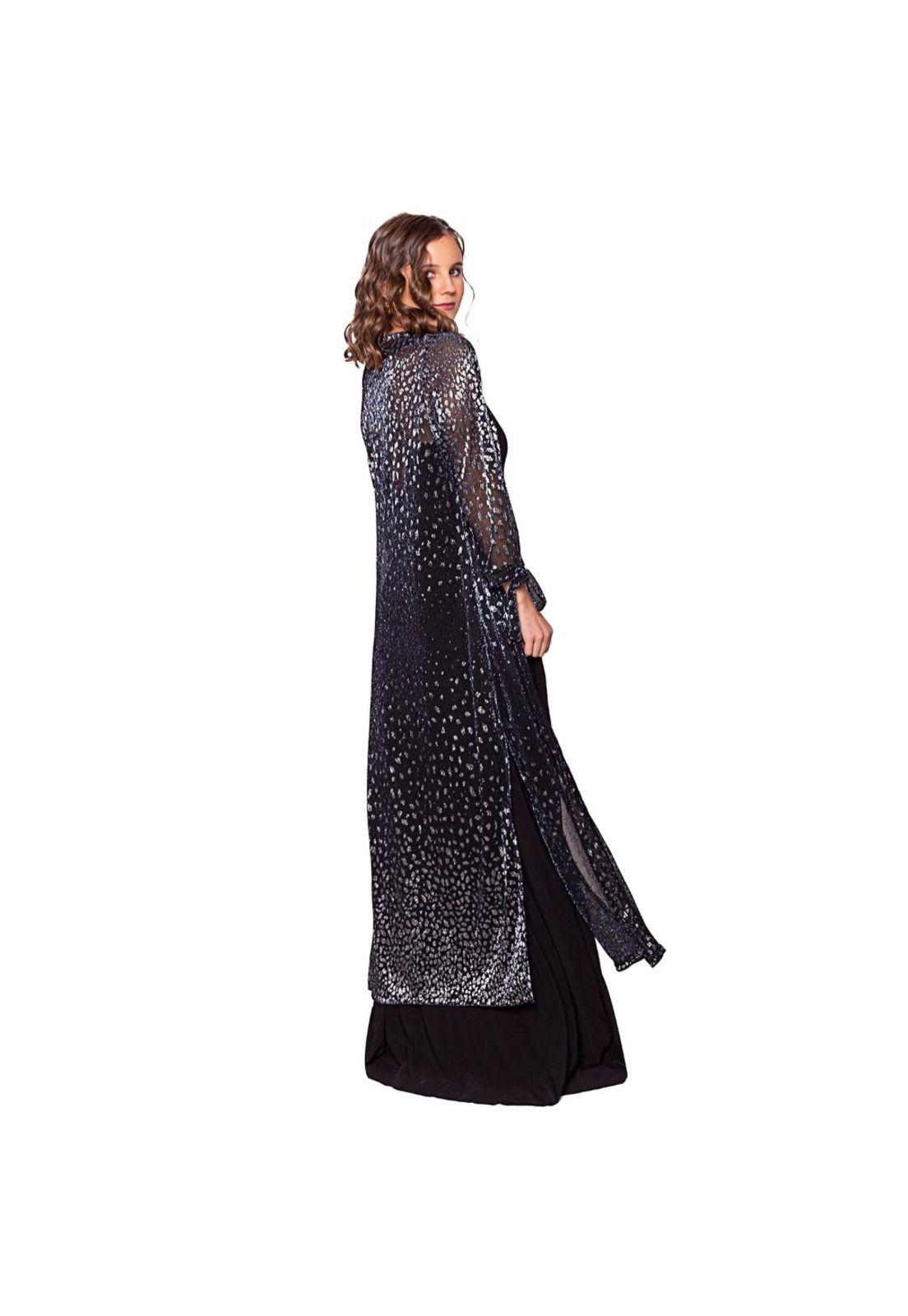 Tapado Kimono Largo Verona Negro Manchas Plateado Plisado Transparente Maria Paskaro-3