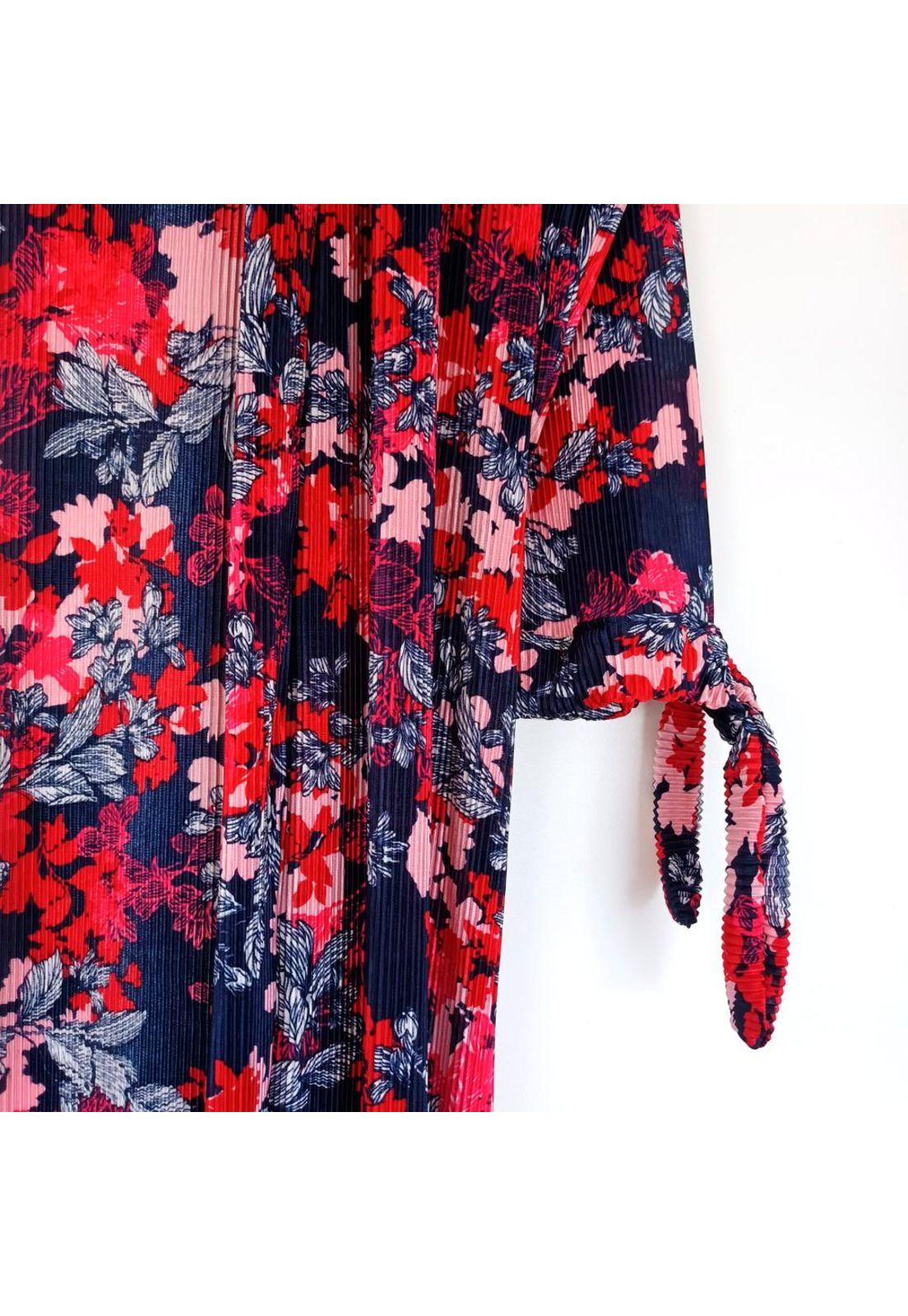 Tapado Kimono Largo Verona Azul Flores Plisado Maria Paskaro-4