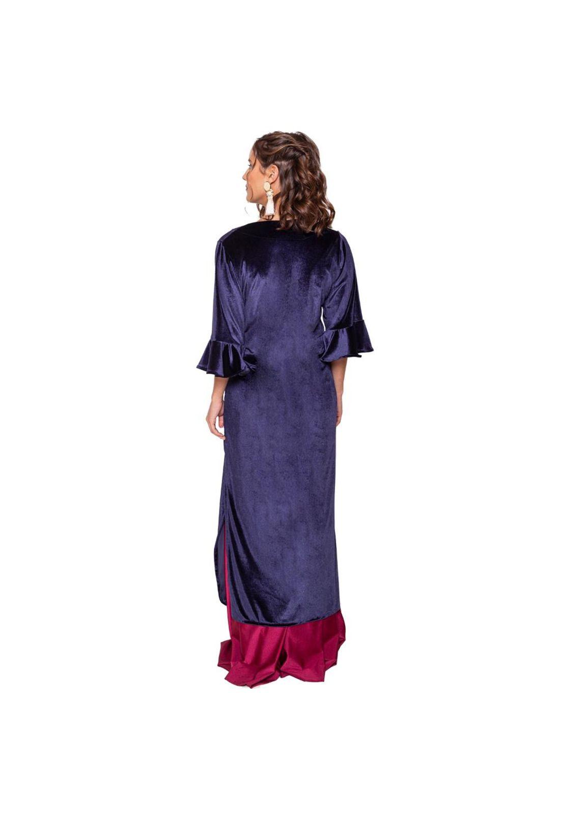 Tapado Kimono Largo Vuelos Azul Marino Terciopelo Maria Paskaro-2