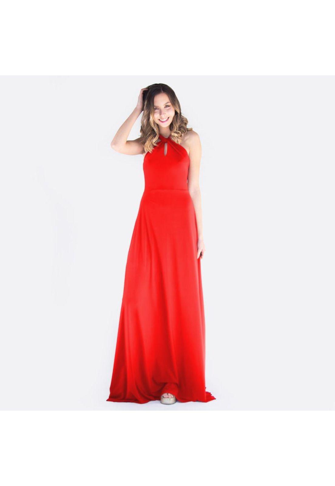 Vestido Largo Oporto Rojo Furioso Lycra Halter Amarra Maria Paskaro-0