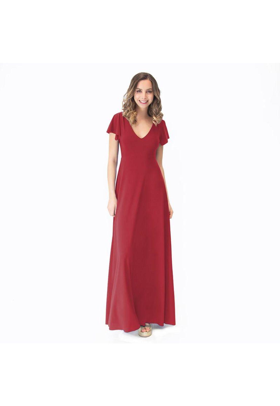 Vestido Largo Mangas Rojo Italiano Lycra Lazo Espalda Maria Paskaro-0