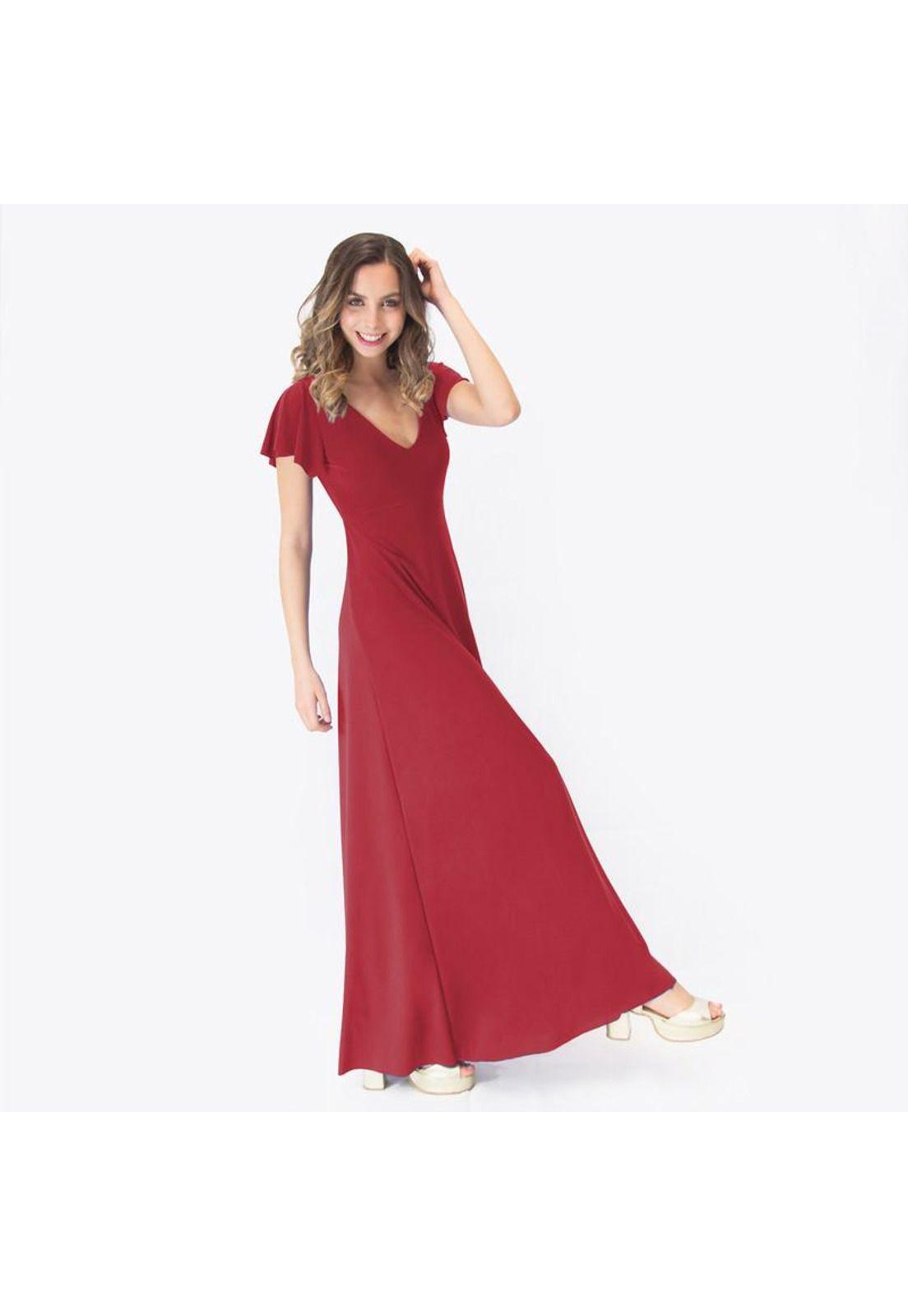 Vestido Largo Mangas Rojo Italiano Lycra Lazo Espalda Maria Paskaro-1