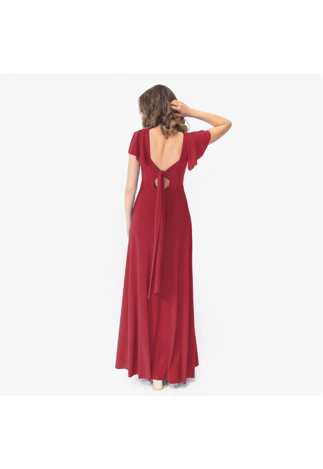 Vestido Largo Mangas Rojo Italiano Lycra Lazo Espalda Maria Paskaro-2