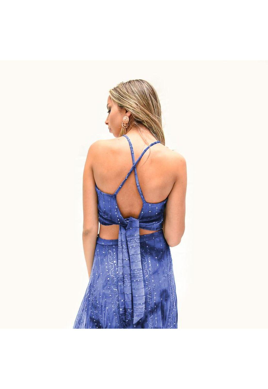 Peto Perena Azul Lentejuelas Lycra Halter Lazo Espalda Maria Paskaro-3